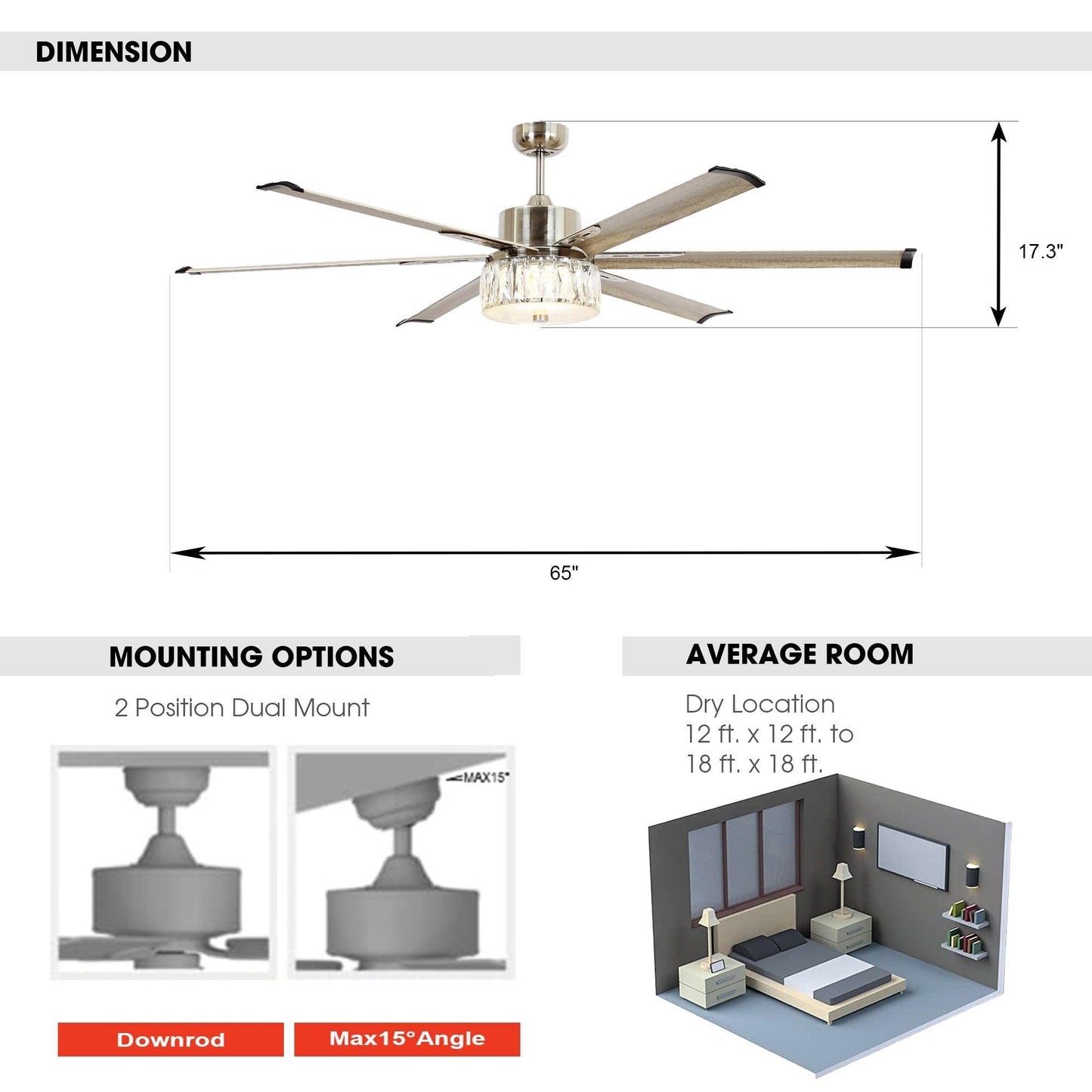 65‘’ Satin Nickel Indoor Down Rod Ceiling Fan
