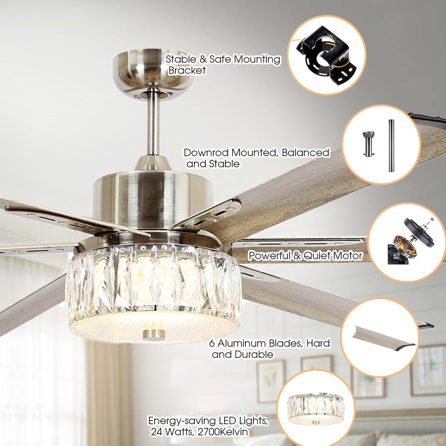 65‘’ Satin Nickel Indoor Down Rod Ceiling Fan