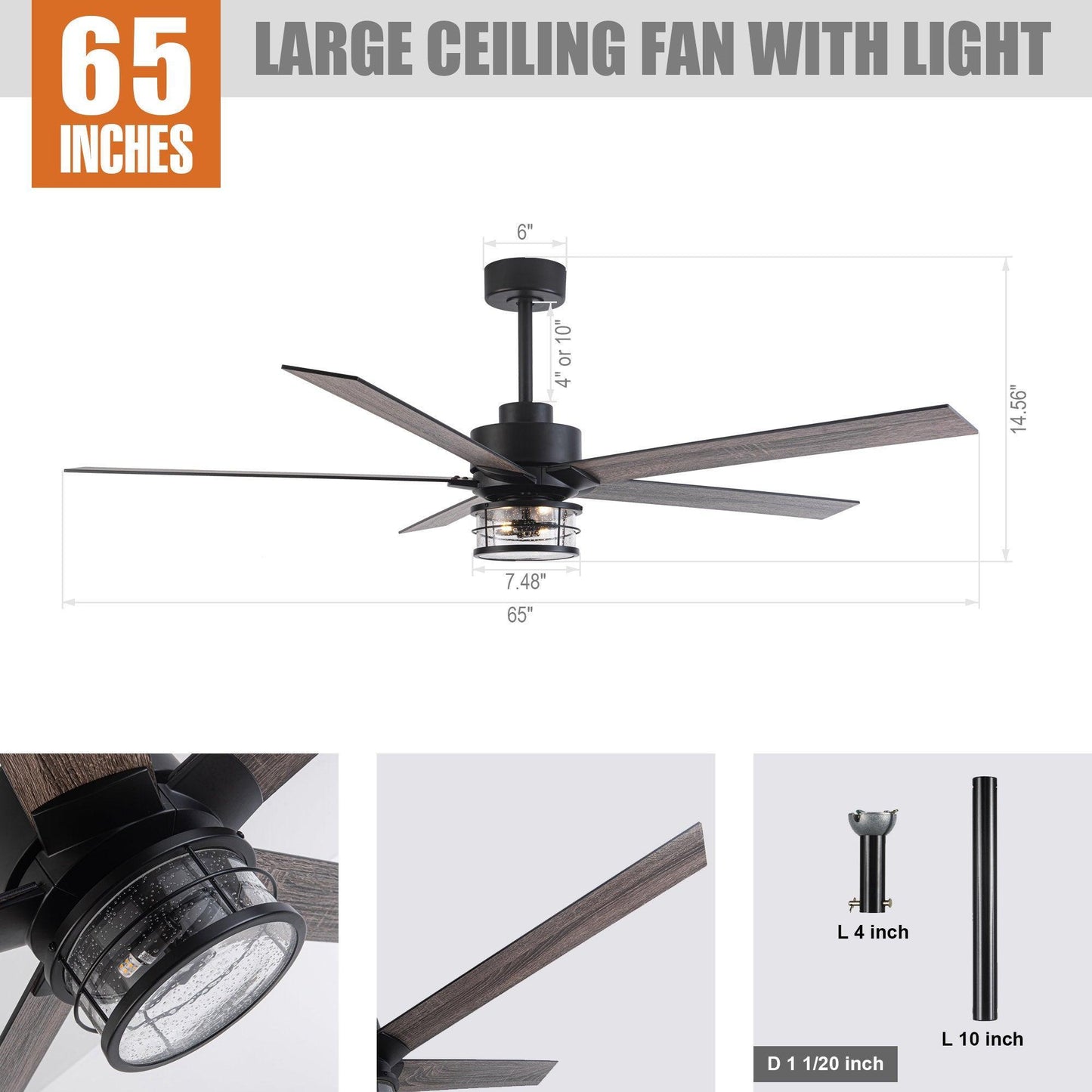 65" Modern DC Motor Downrod Mount Reversible Ceiling Fan With Lighting And Remote Control