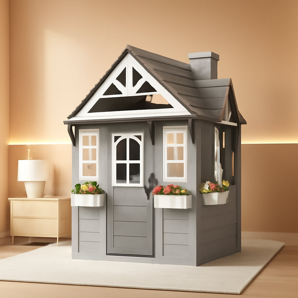 Gray Cedar Outdoor Playhouse With Realistic Kitchen