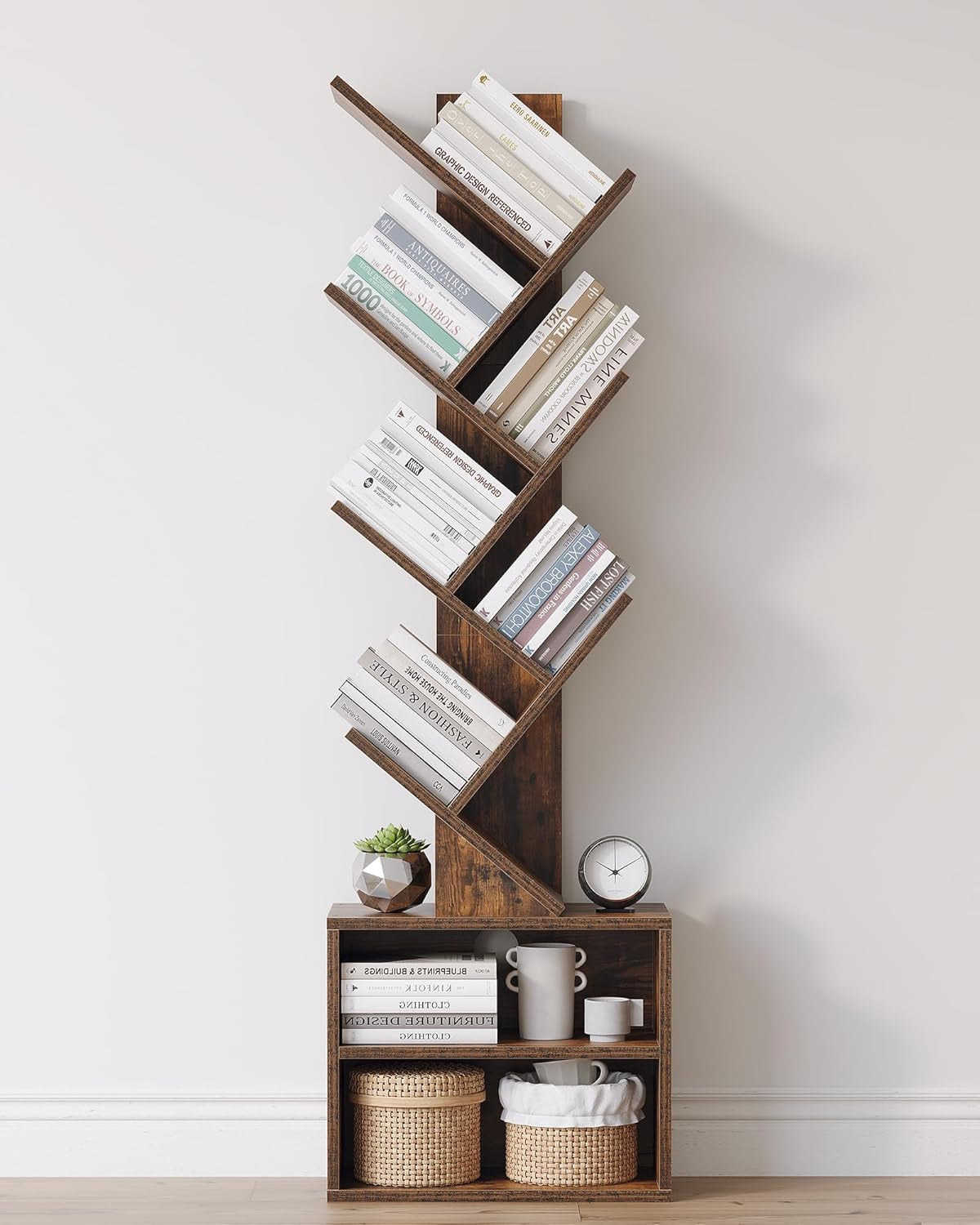 6 Tier Tree Bookshelf With Cabinet Rustic Brown Modern