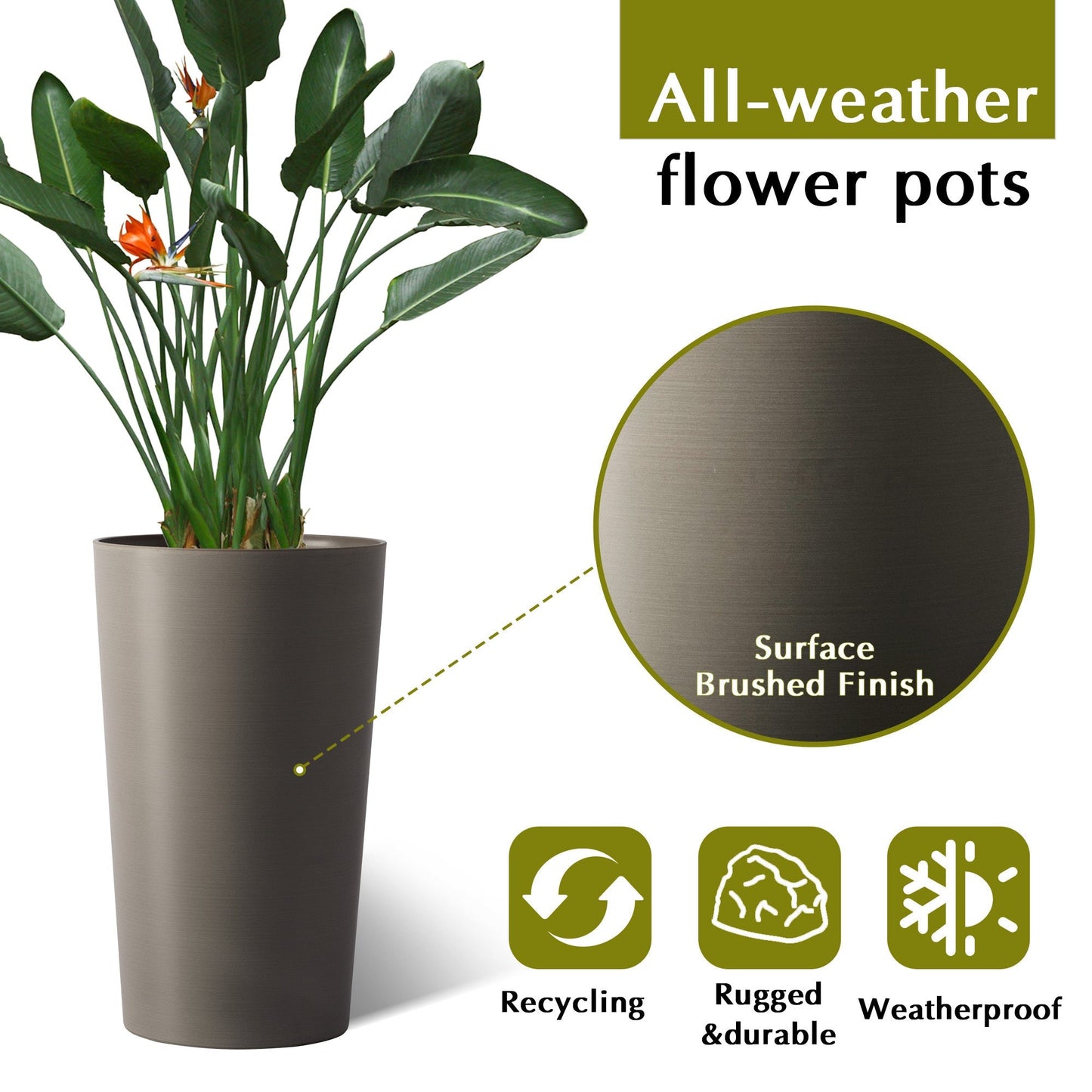 2 Pack Tall 21.7 in Modern Brown Planters for Indoor & Outdoor