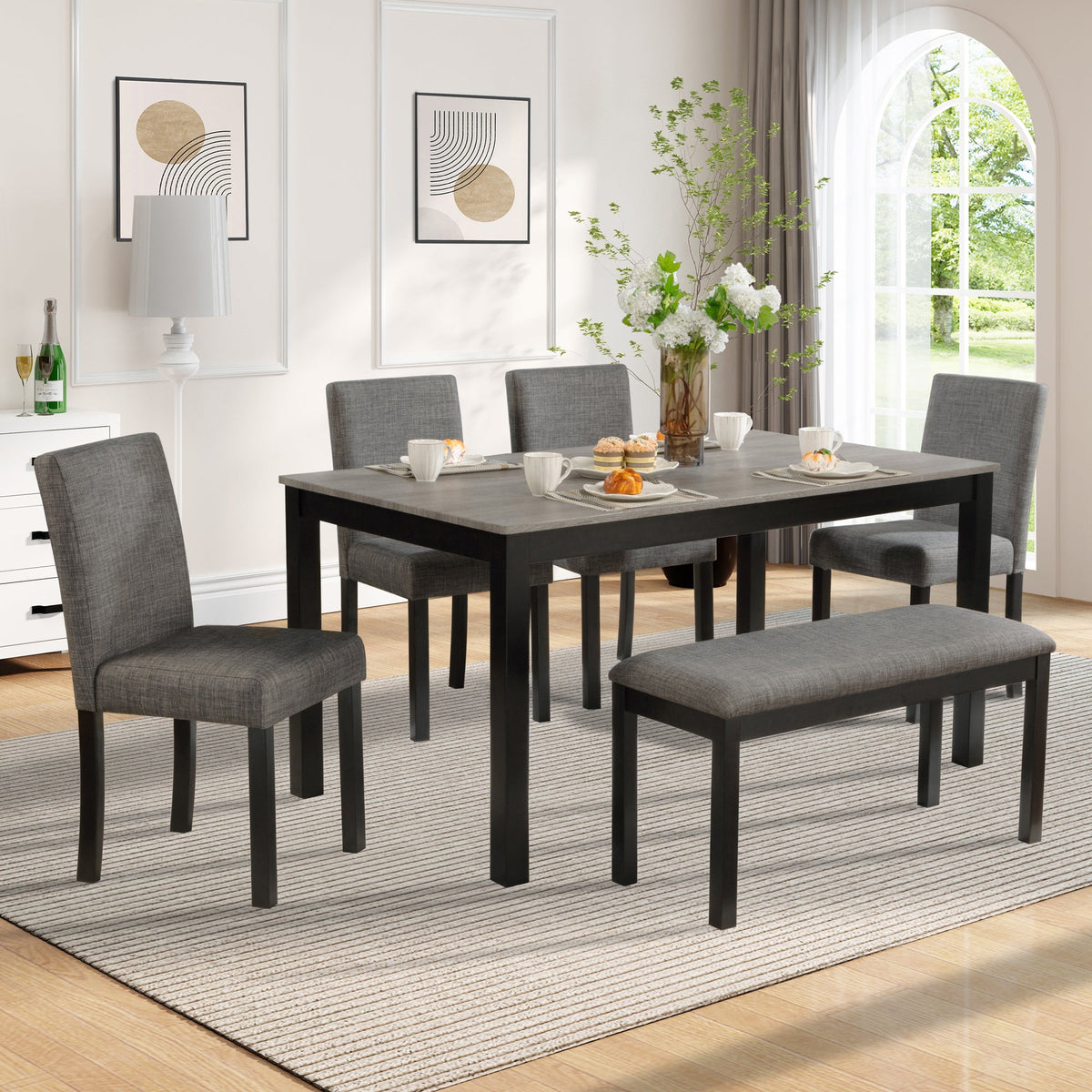6-Piece Dining Table Set with Bench and Chairs