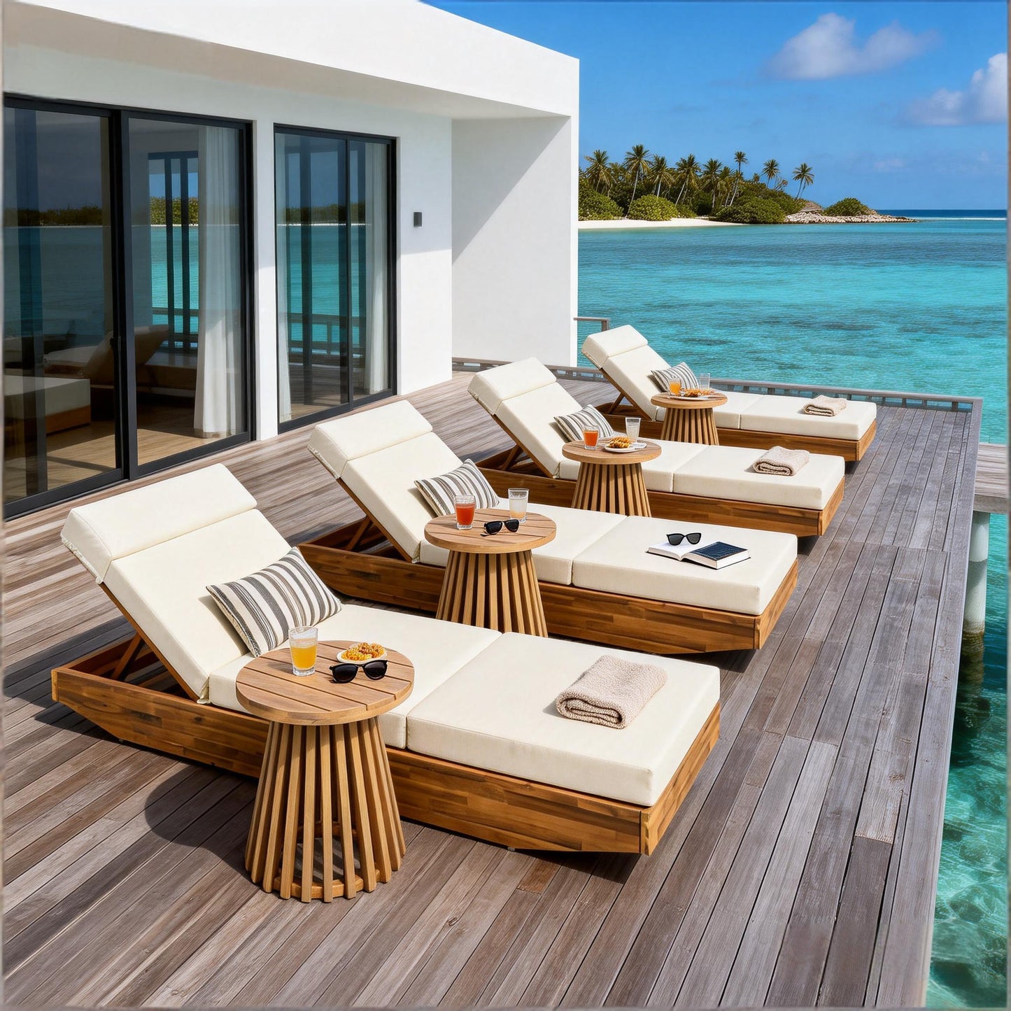 Modern Acacia Wood Outdoor Chaise Lounge with Beige Cushion