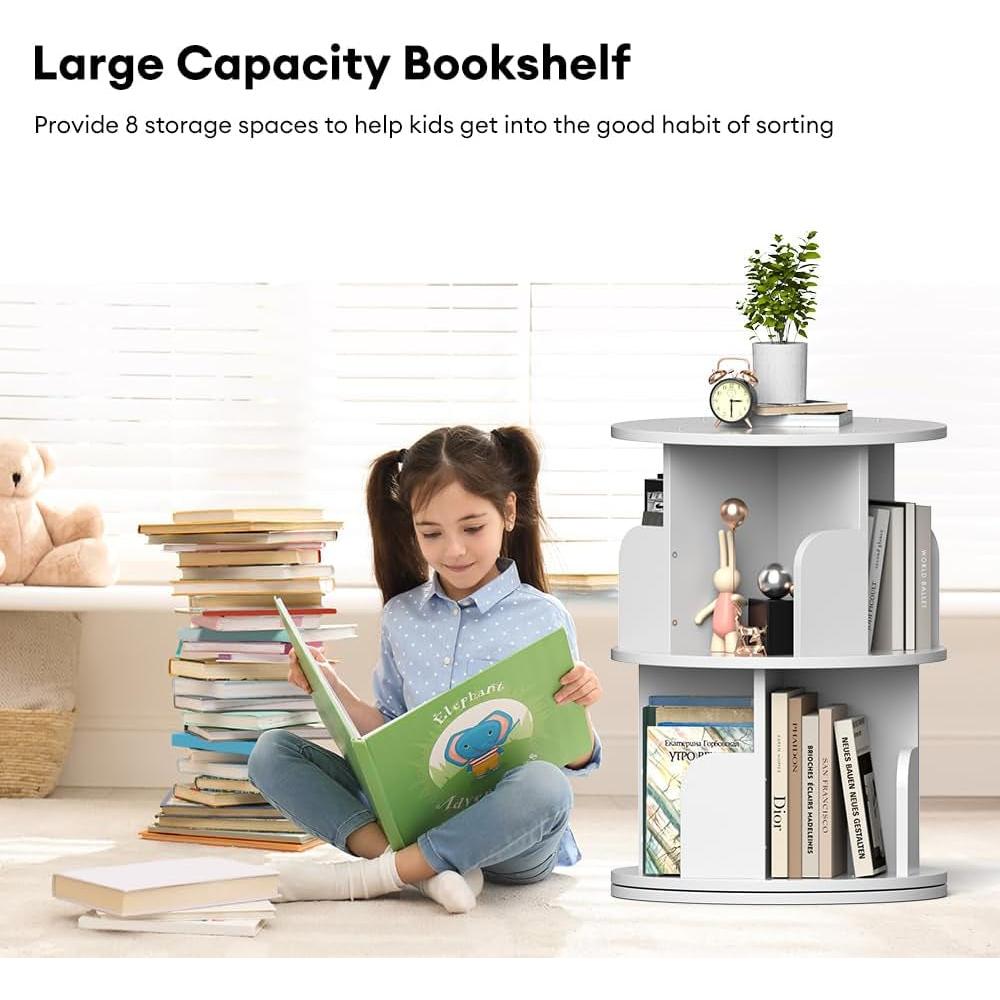 Rotating Bookshelf 2 Tier White Narrow Corner Swivel