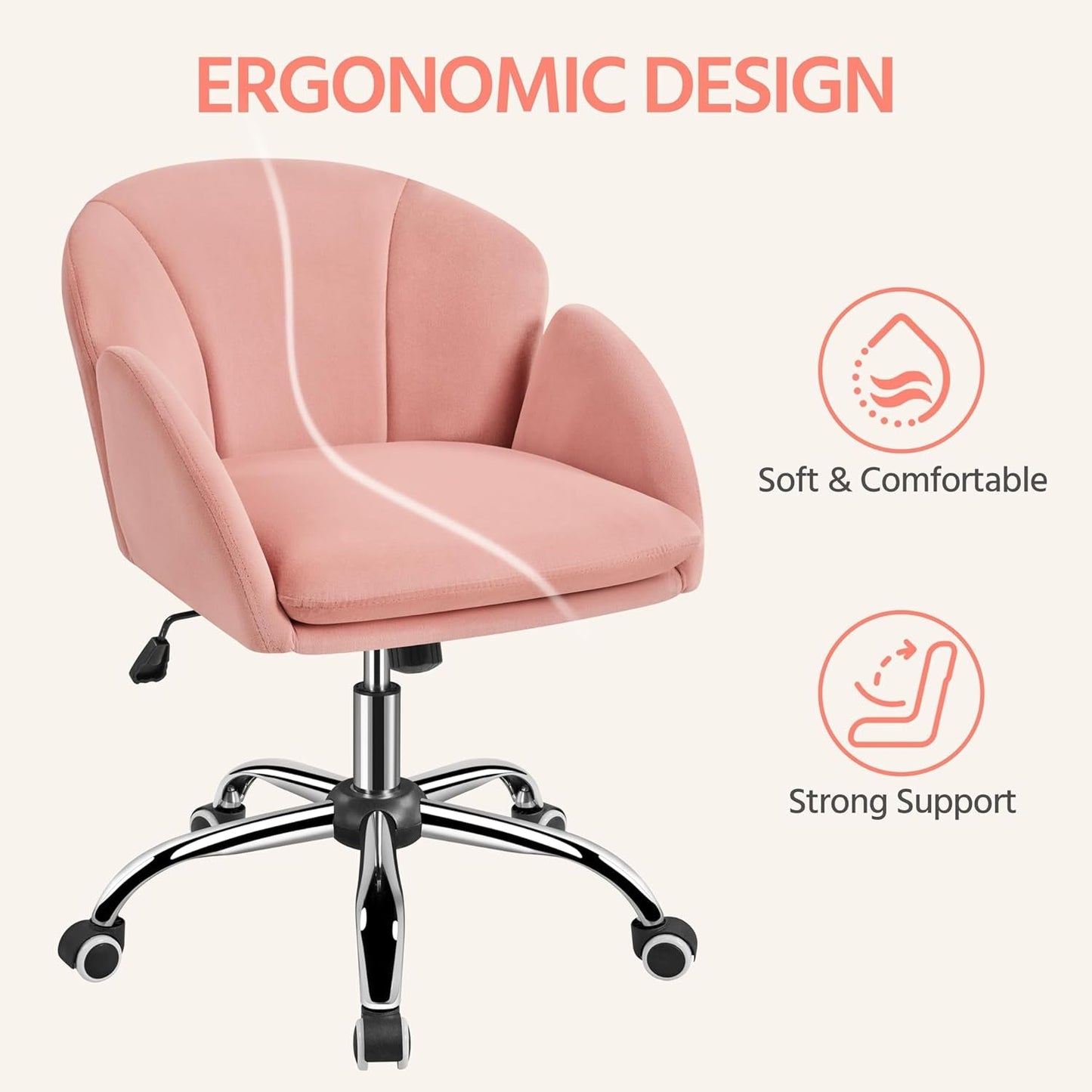 Pink Velvet Desk Chair With Wheels And Armrests Swivel Office Chair
