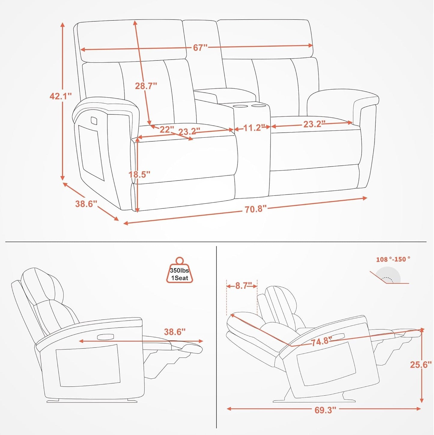 Mocha Power Recliner Loveseat With Massaging For Living Room Comfort
