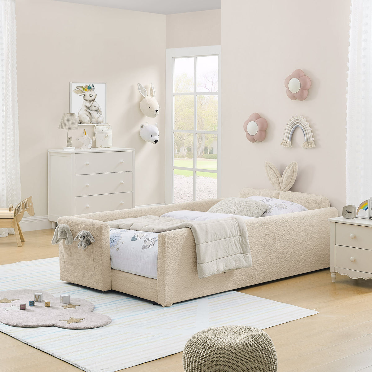 Twin Size Upholstered Platform Bed with Rabbit Ear Headboard