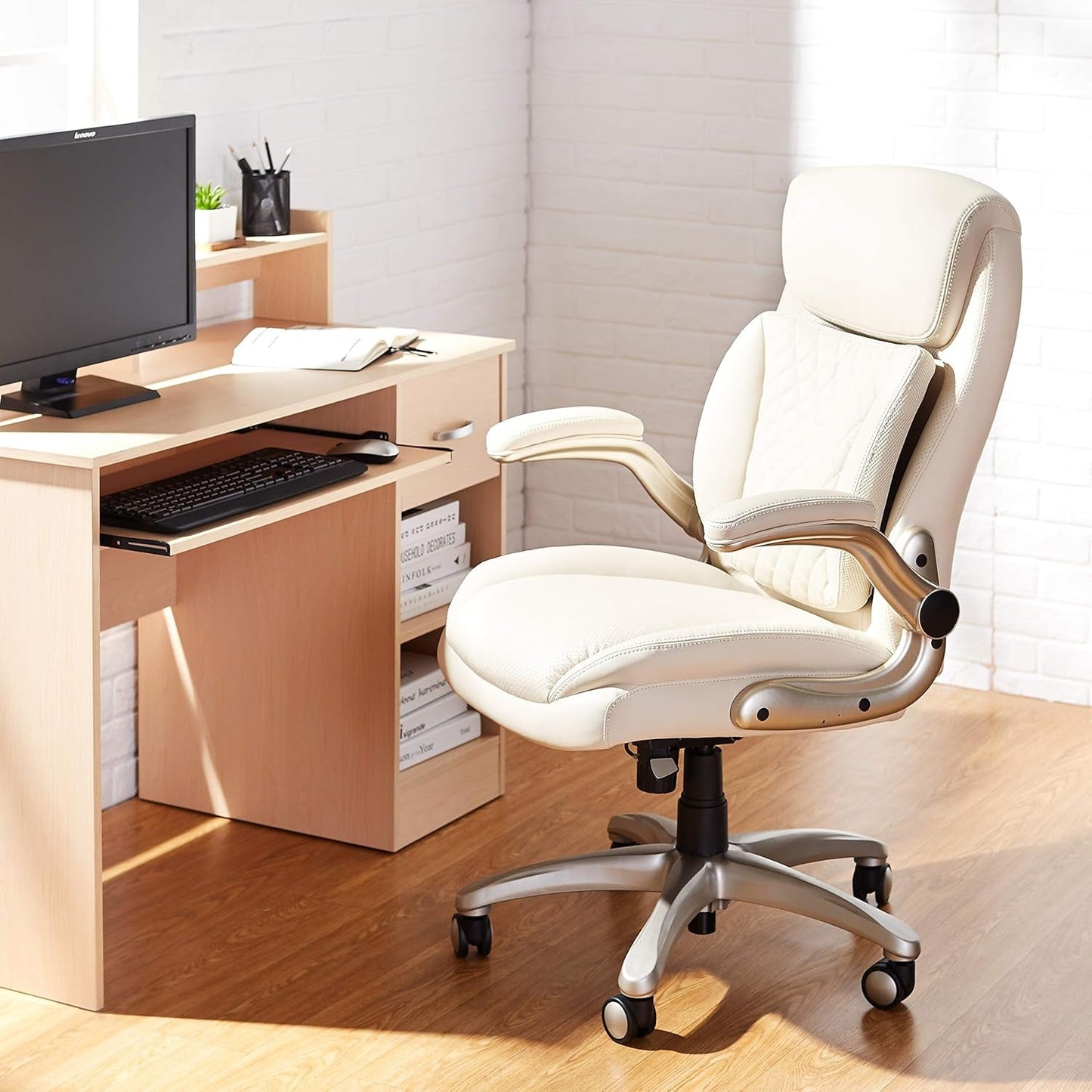 Cream Leather Ergonomic Office Chair With Flip Up Armrests