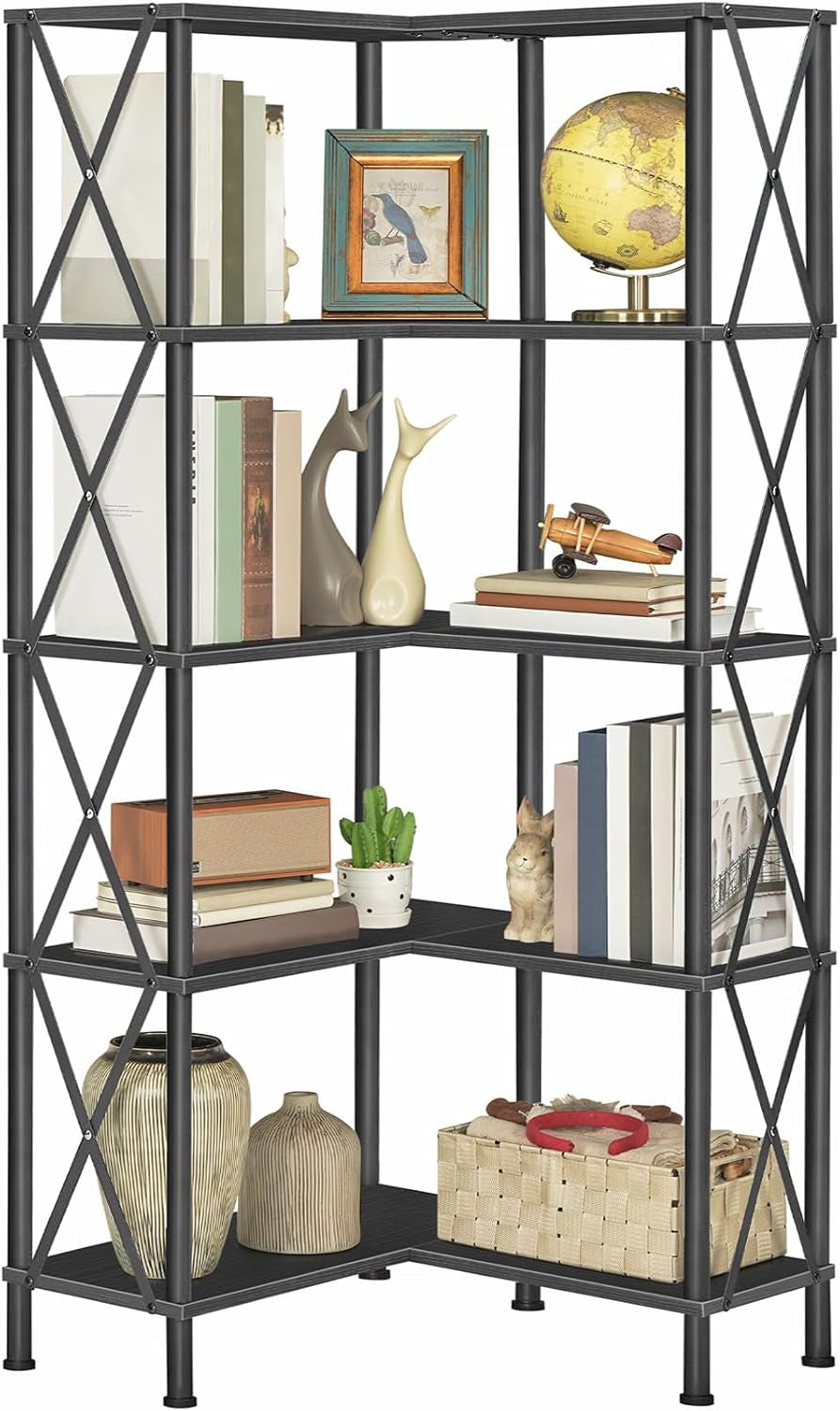 Corner Bookshelf 5 Tier L Shaped Industrial Open Display Shelf Black
