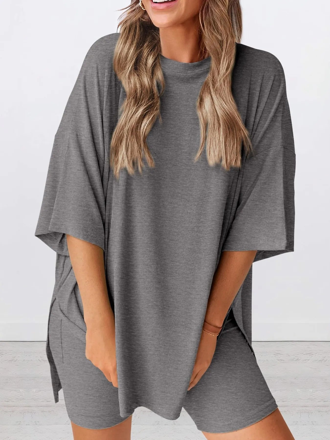 Oversized Slit Round Neck Top and Shorts Lounge Set Plus Size