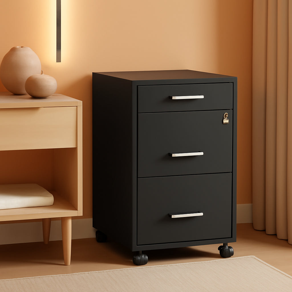 Black 3 Drawer Mobile File Cabinet With Locking Top Drawers