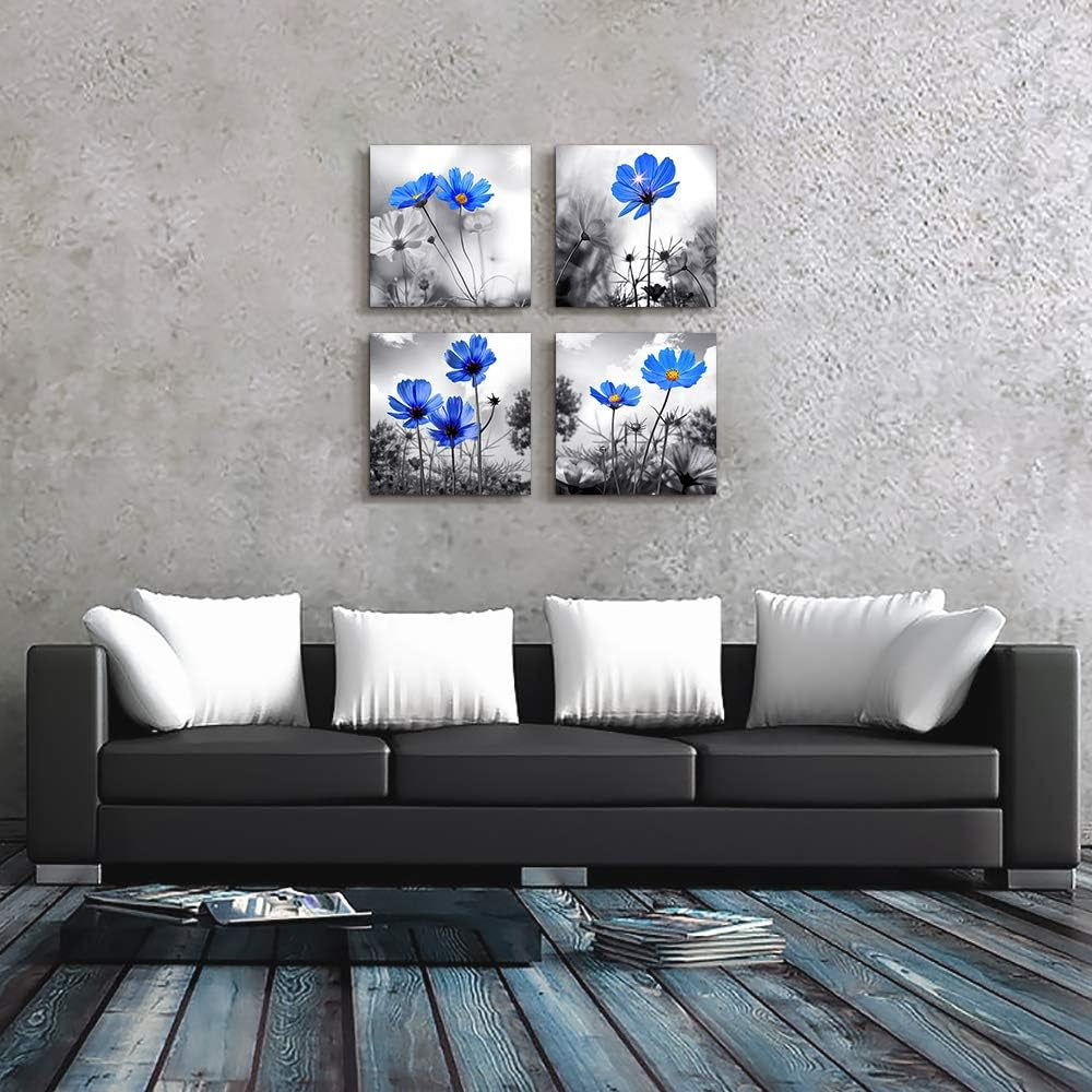 Modern Black and White Plant Art: 4-Panel Floral Canvas for Chic Living Room Decor