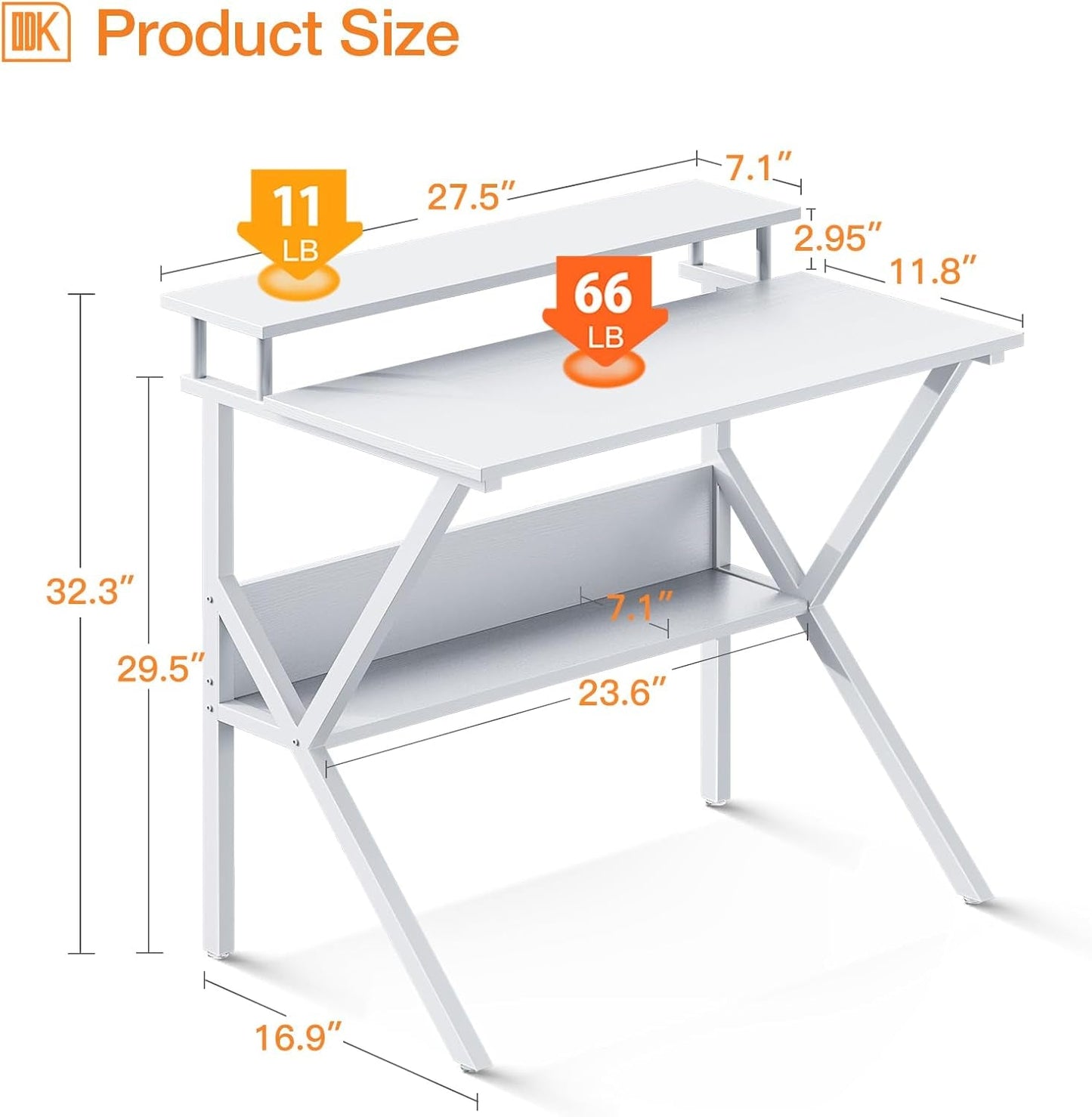 27.5 Inch White Computer Desk With Storage Shelves