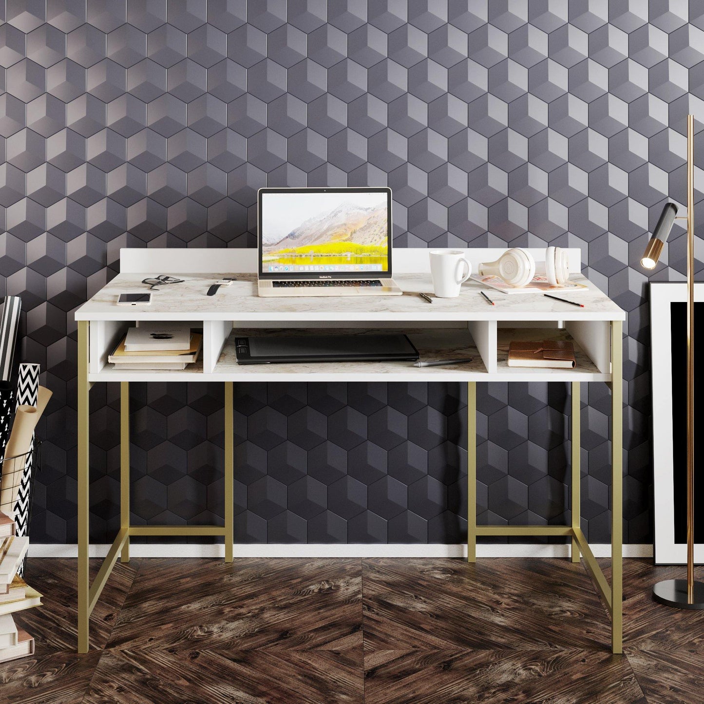 Tumata 47'' Wide Metal Wood Computer Desk with Open Shelves