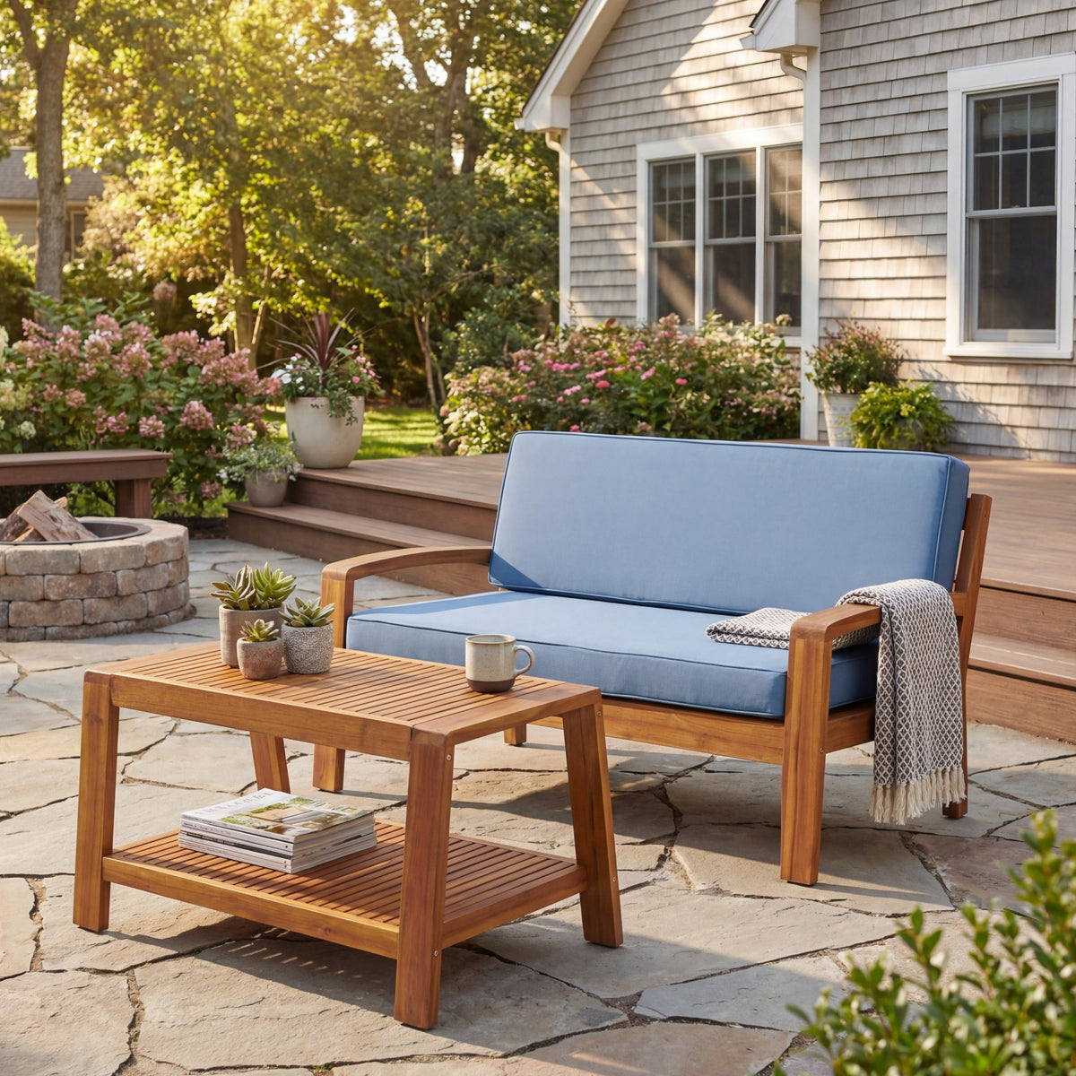 2-Piece Outdoor Teak Acacia Wood Conversation Set
