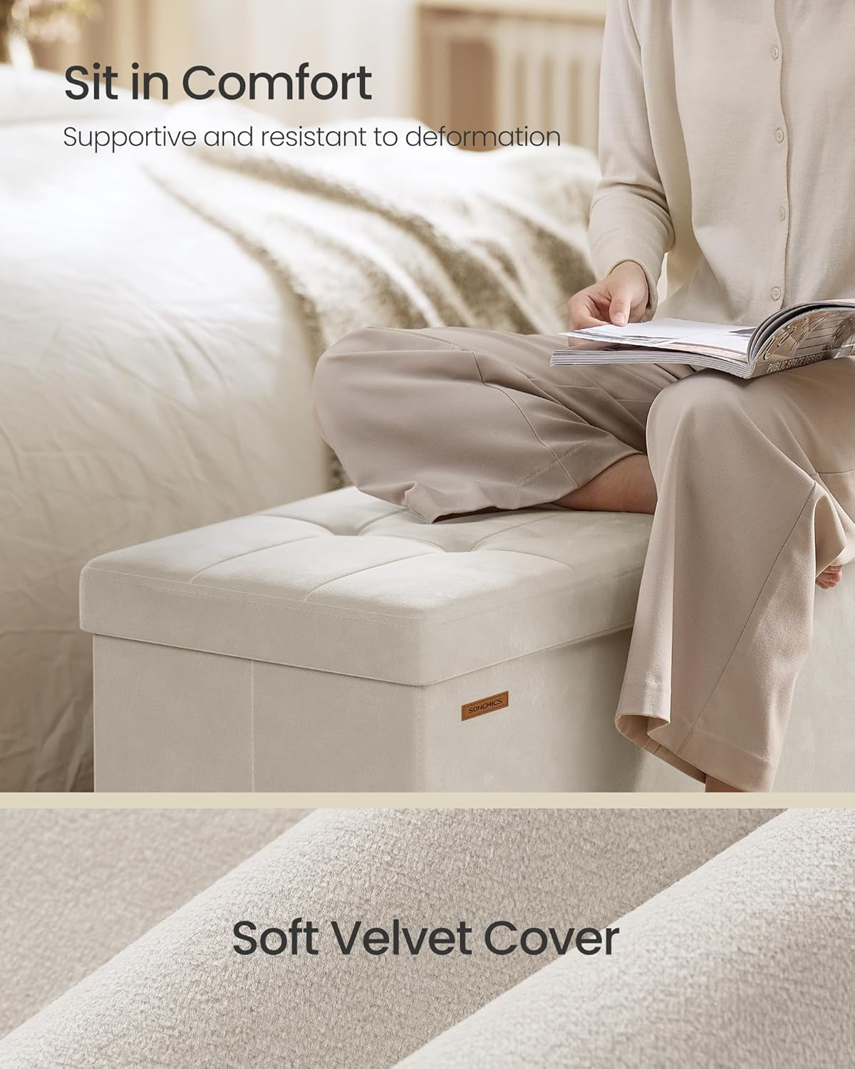 Cappuccino Beige Velvet Storage Ottoman Bench Folding