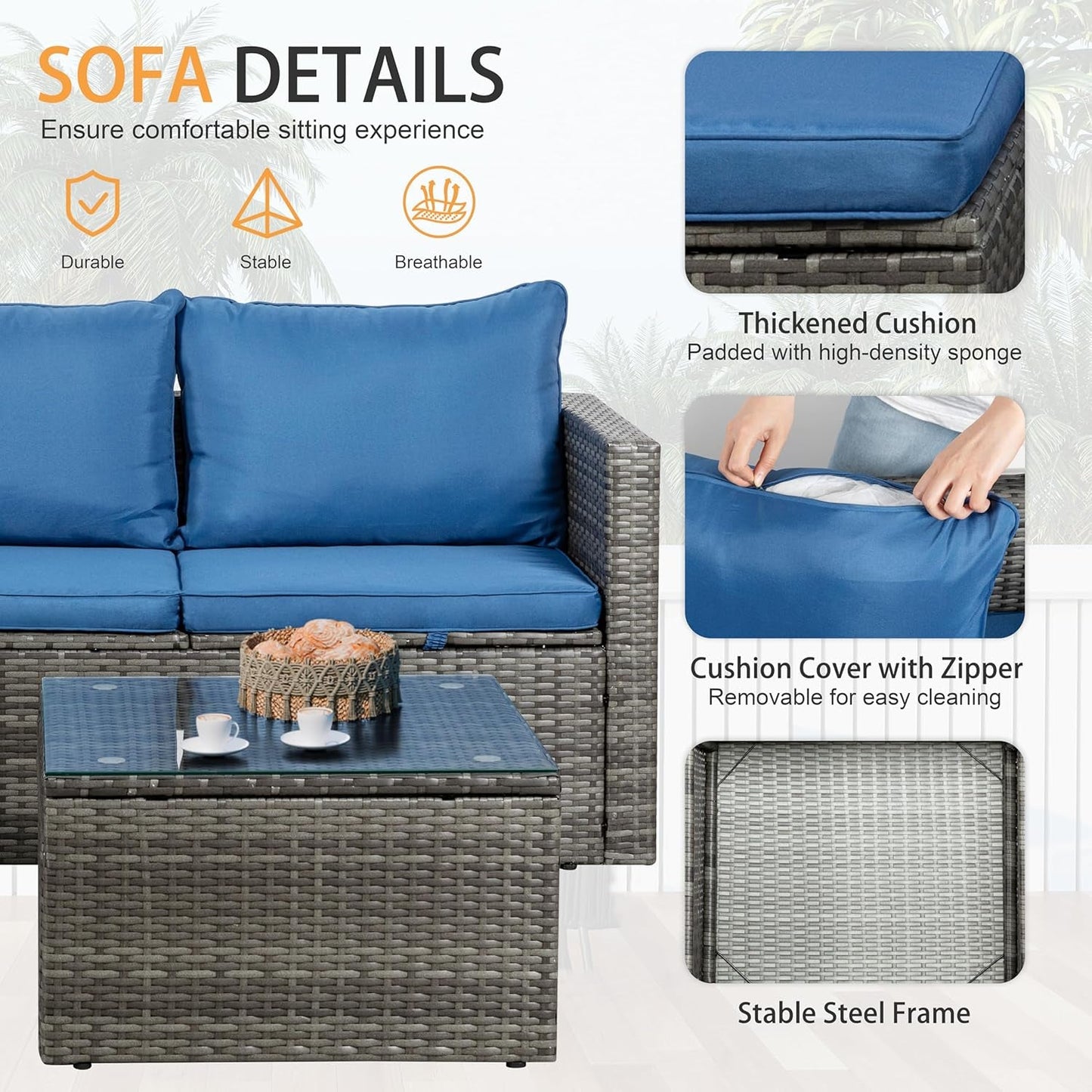 3-Piece Outdoor Wicker Sofa Set with Glass Table