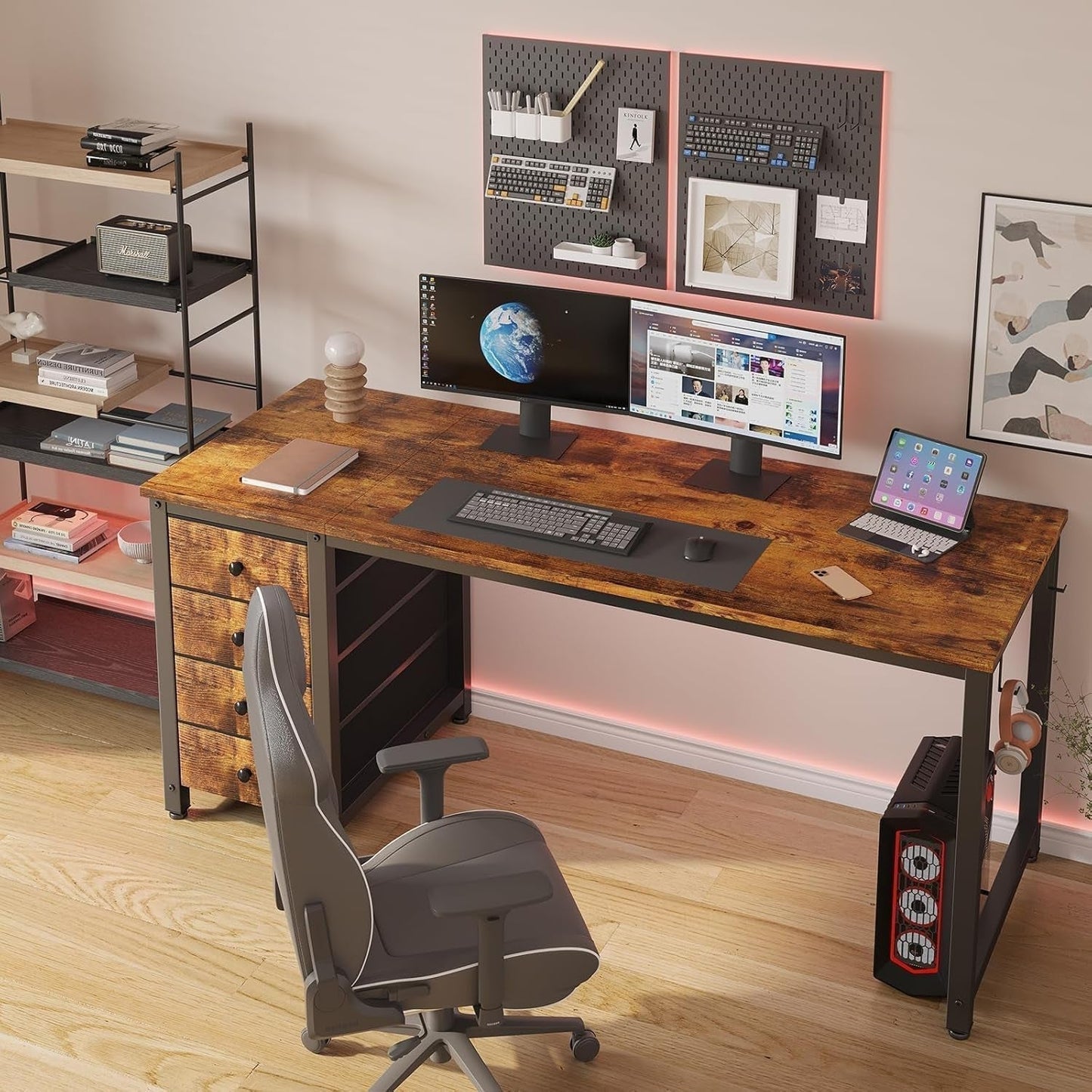 55 Inch Computer Desk With Fabric Drawers Home Office