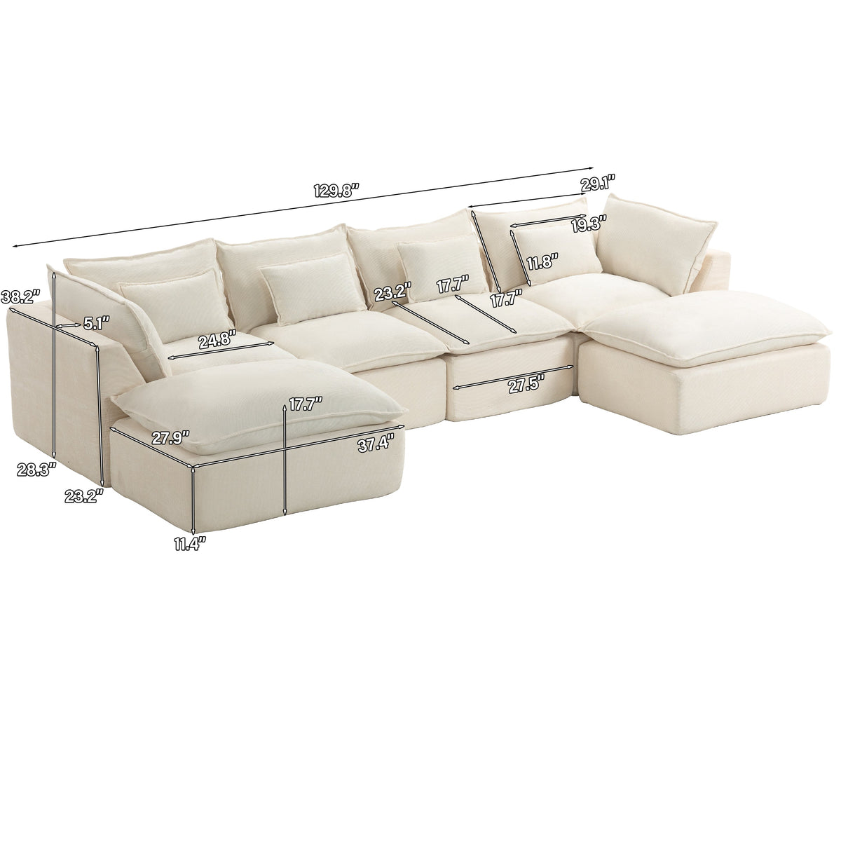 129.8" Width Cloud Couch Oversized Modular Sectional Sofa