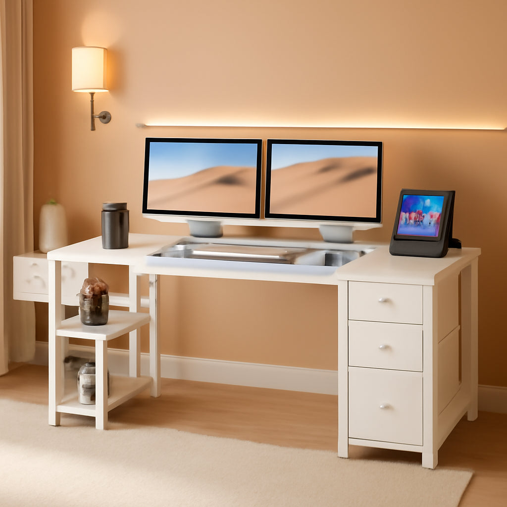 55 Inch White Computer Desk With Fabric Drawers And Storage