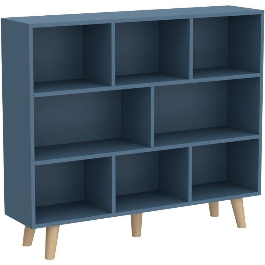 Blue Wood Open Shelf Bookcase 3 Tier 8 Cube Storage