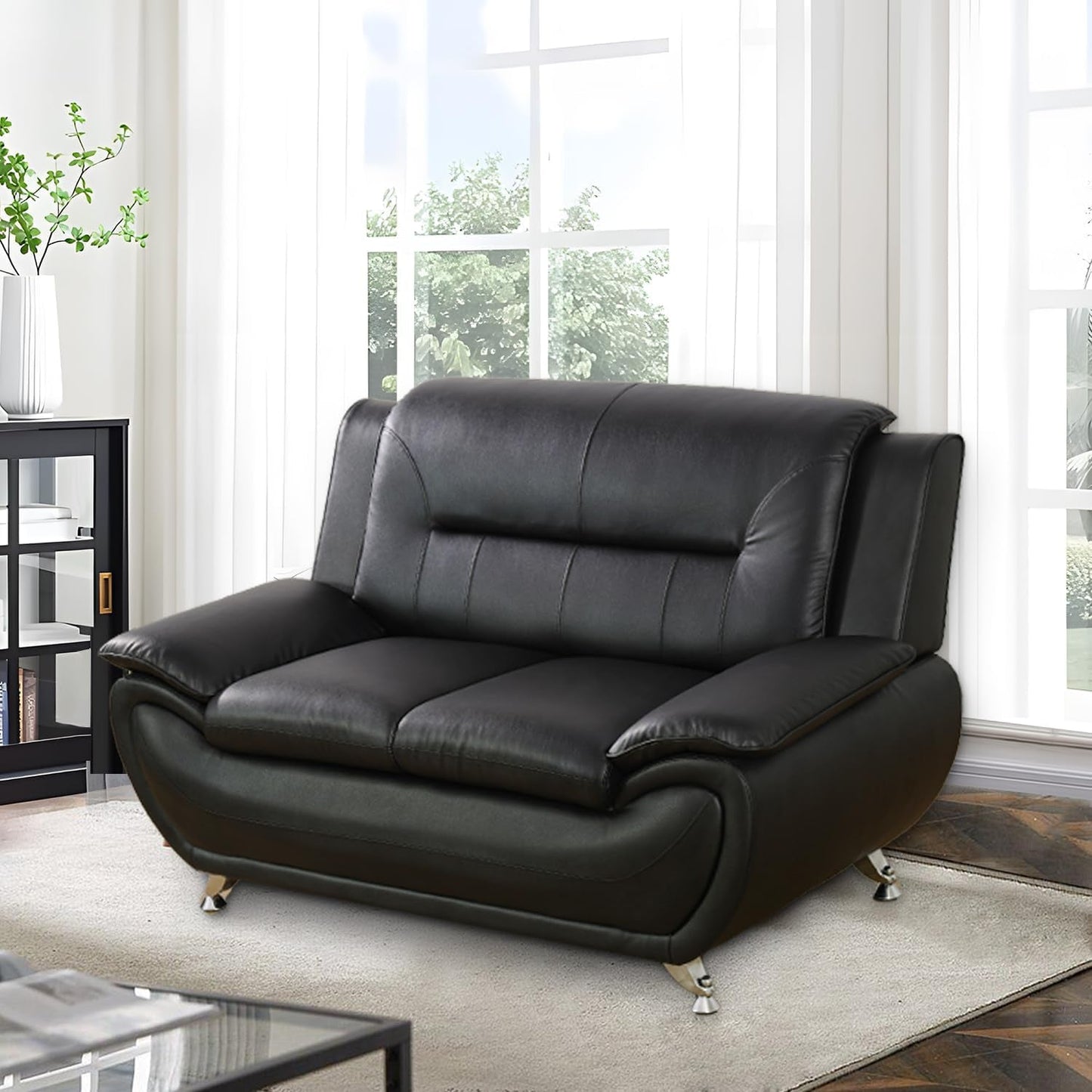 Faux Leather 3 Piece Modern Living Room Sofa Set Black