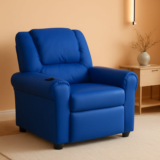 Vana Vinyl Kids Recliner Blue With Cup Holder And Headrest