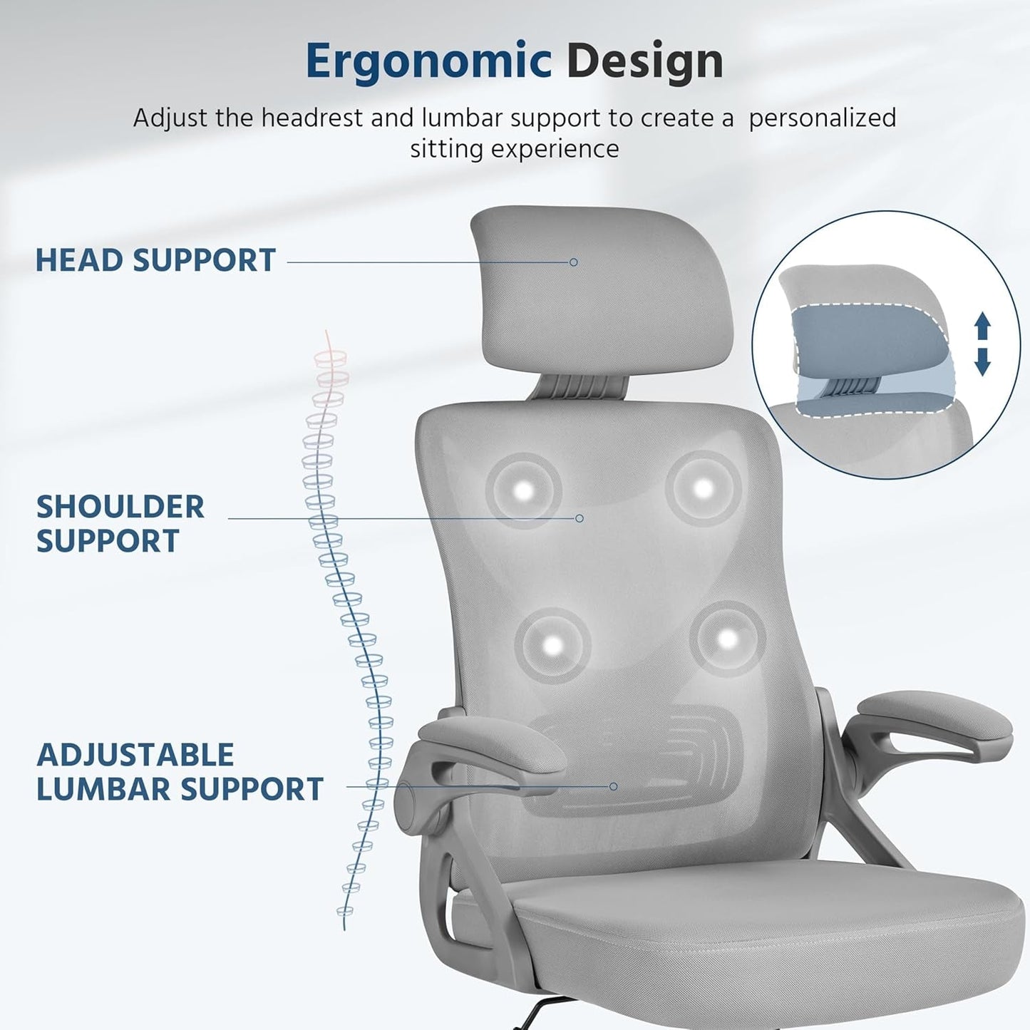 Ergonomic Mesh Office Chair With Flip Up Armrests Gray