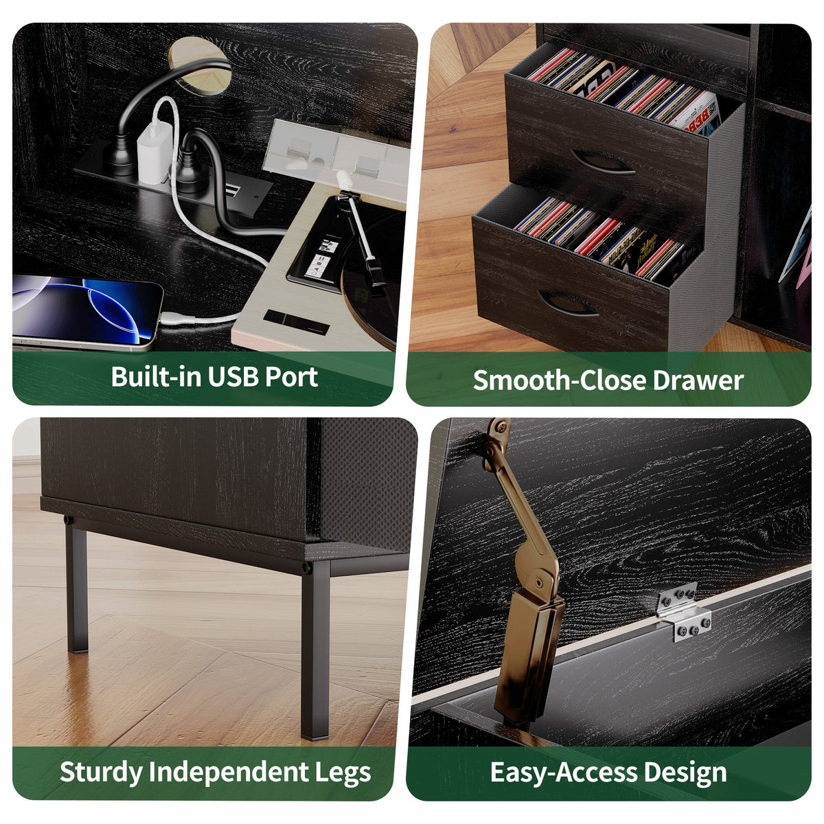 Eco-Friendly Record Player Stand with Flip-Top Storage Cabinet