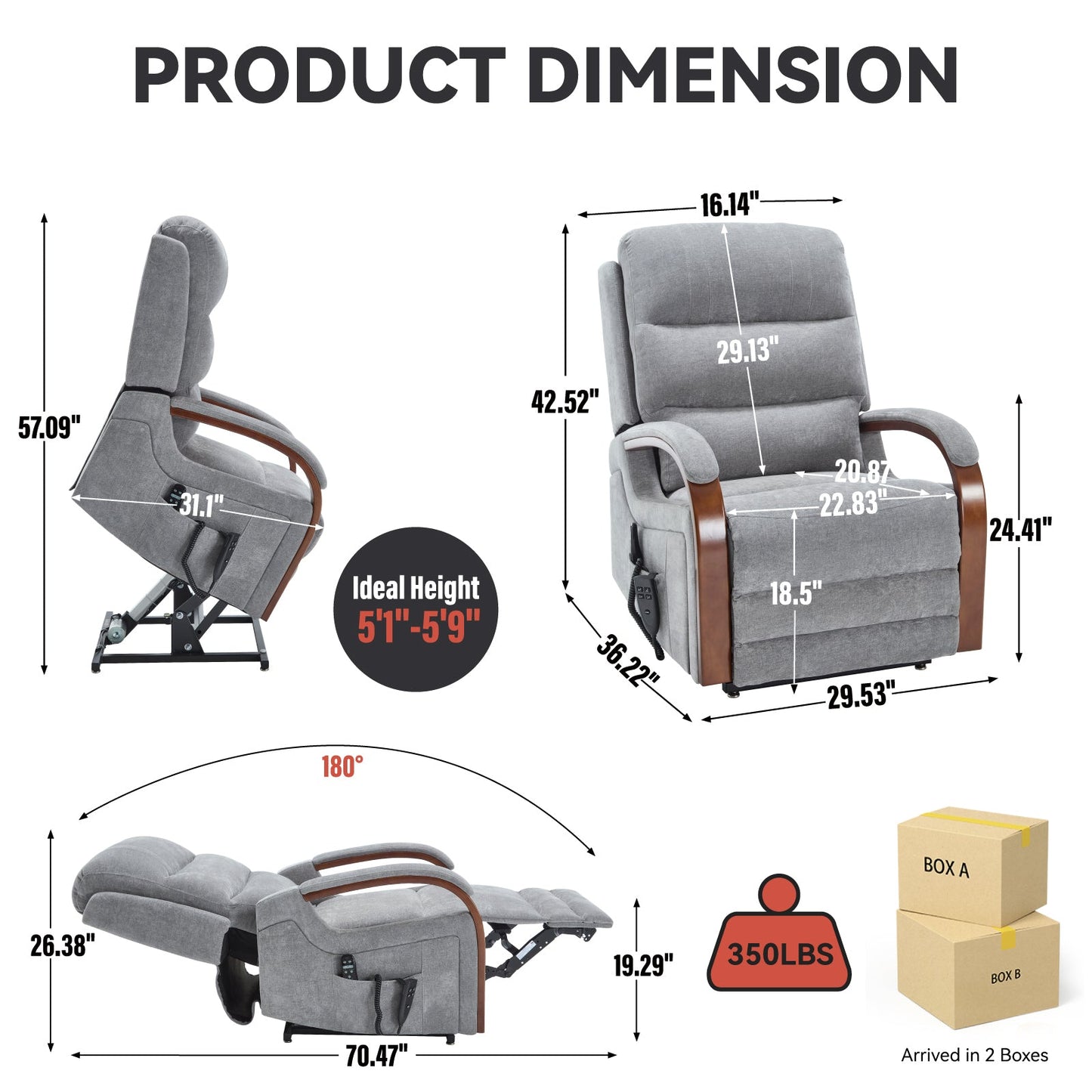 Power Grey Chenille Lift Recliner Chair Dual Motor Infinite Position Up to 350 LBS with Solid Wood Armrests, Heat Massage and Heavy Duty Motion Mechanism