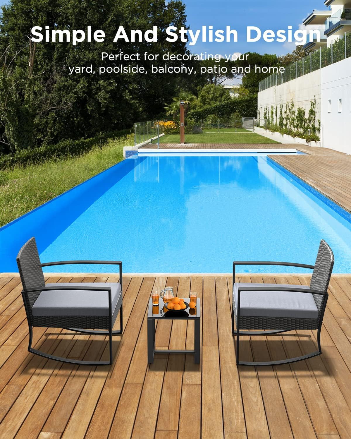 3 Piece Rattan Rocking Bistro Set With Coffee Table Outdoor Patio Furniture Grey Cushions