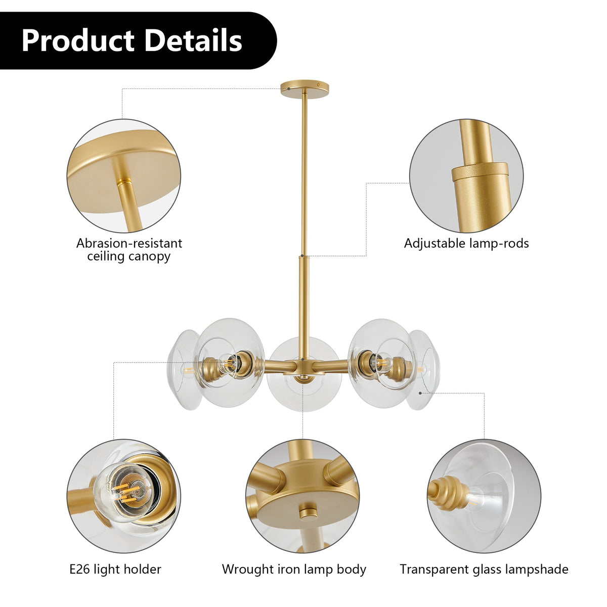 26" Modern Gold 5-Light Sputnik Chandelier