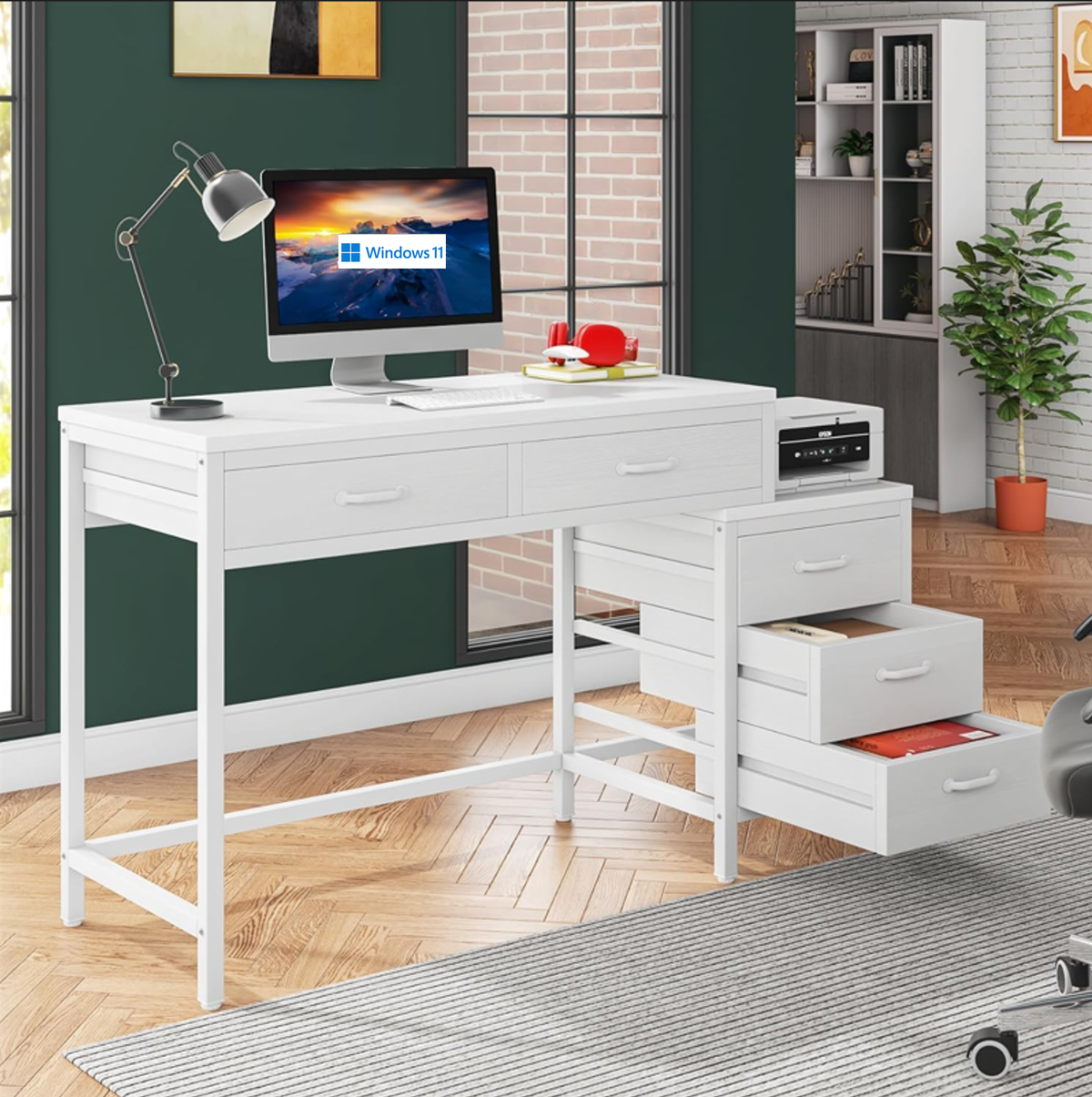 51" Reversible Computer Desk with 5 Drawers and File Cabinet