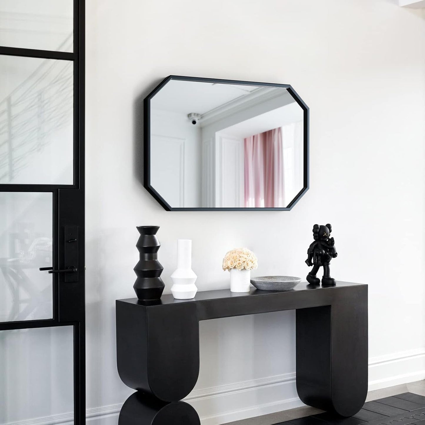 Octagon Black Wall Mirror 20x28 Metal Framed Wall Mounted