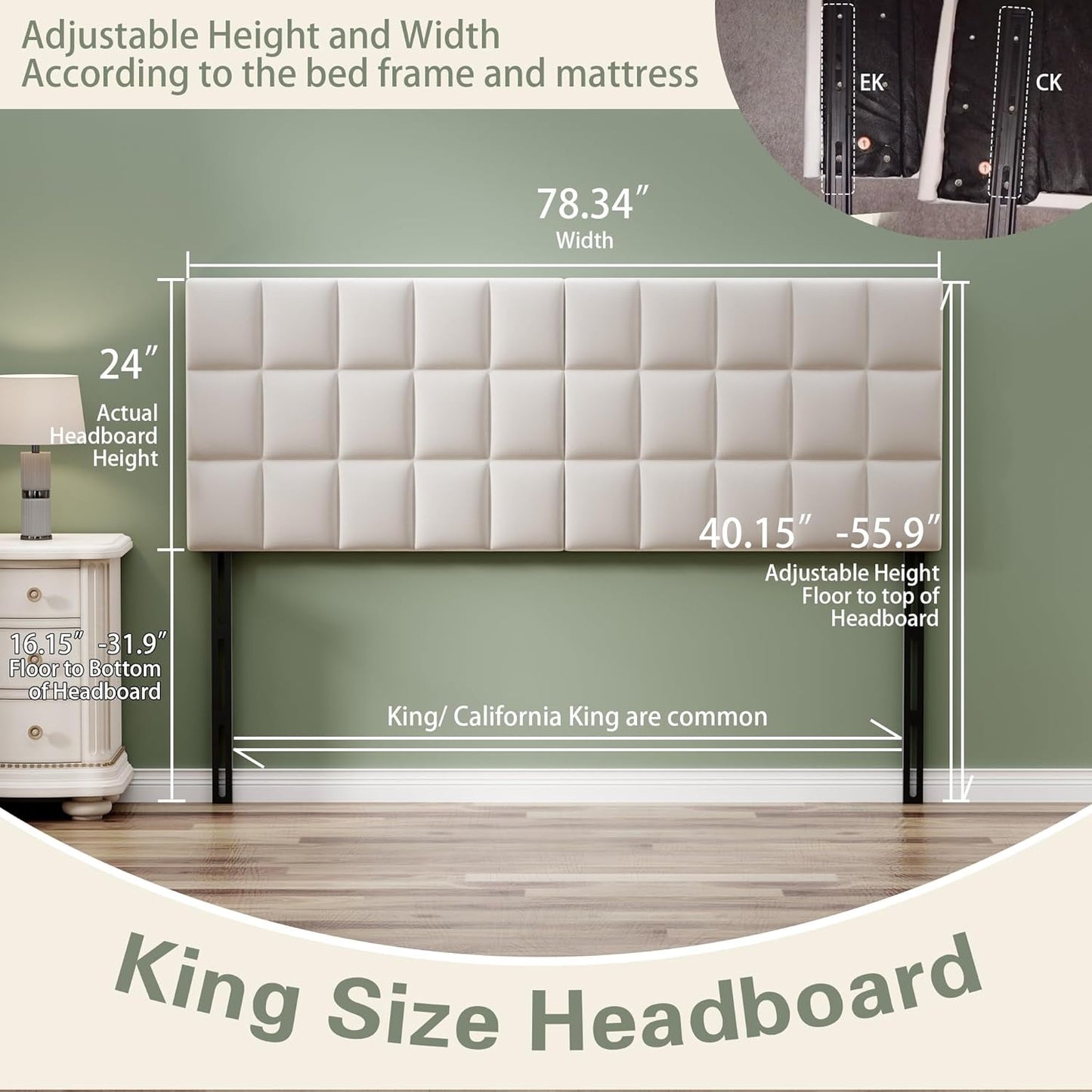 Velvet Tufted King Size Headboard with Adjustable Height
