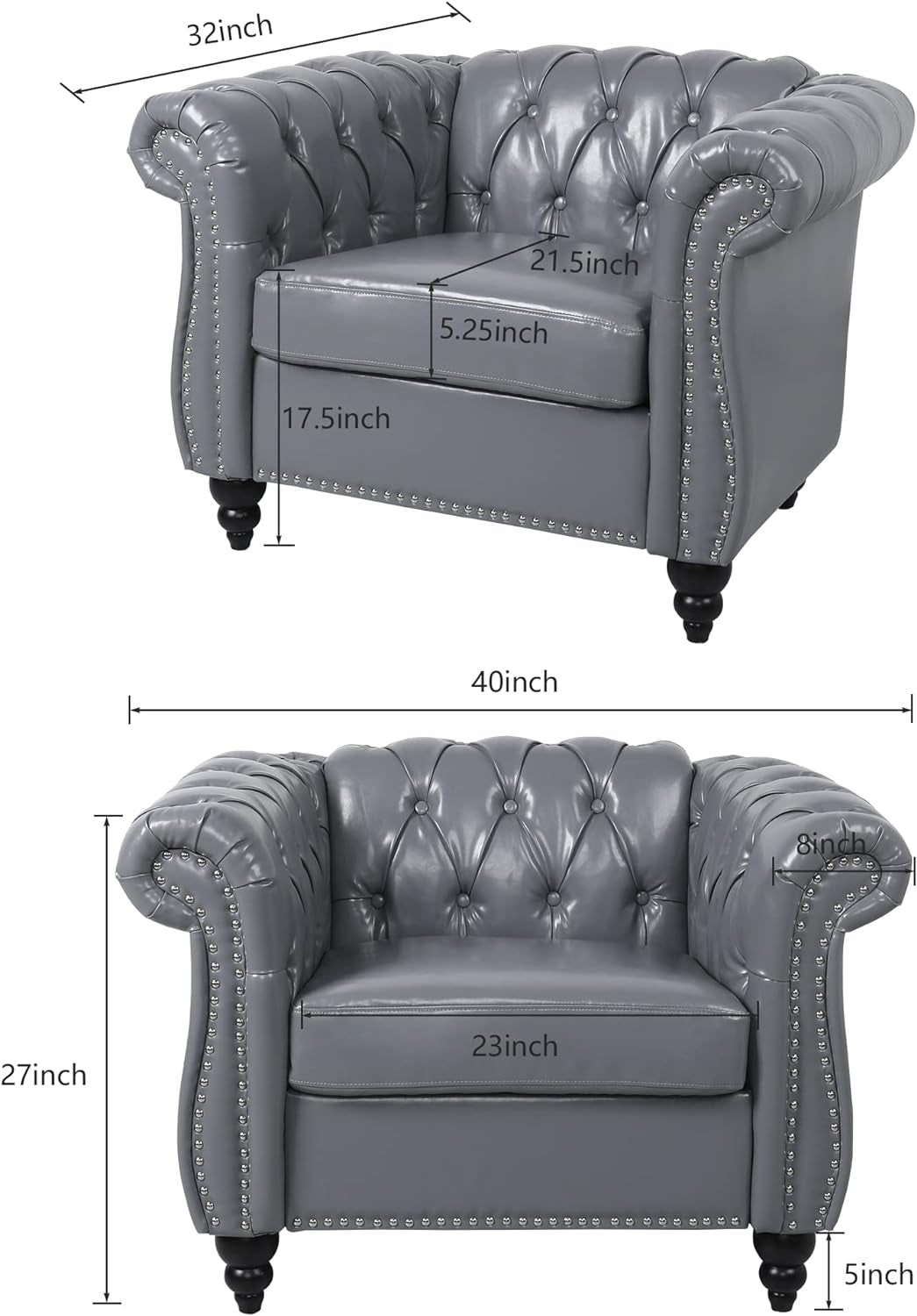 Grey Chesterfield Leather Living Room Set With Scroll Arms