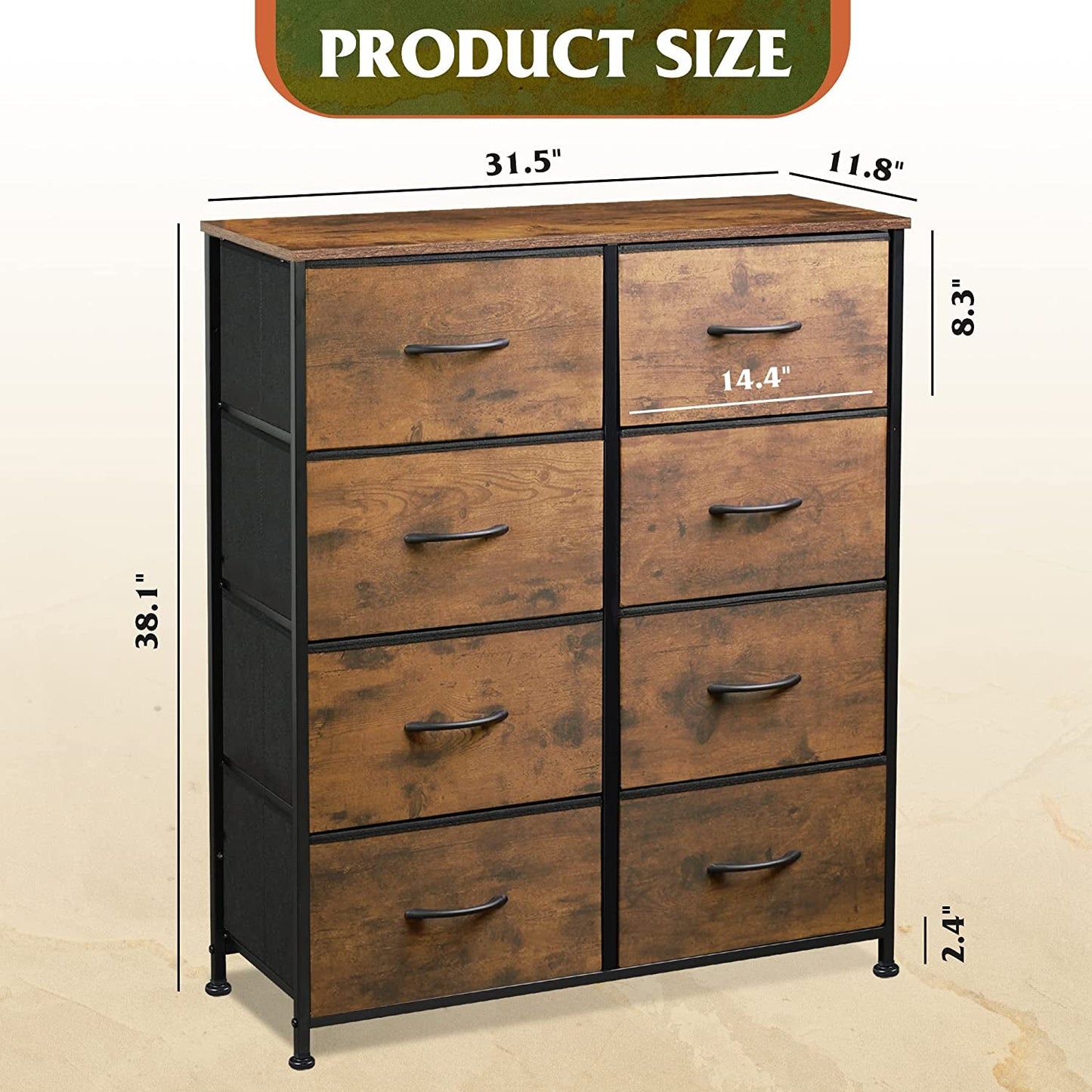 8 Drawer Fabric Storage Tower Rustic Brown For Bedroom