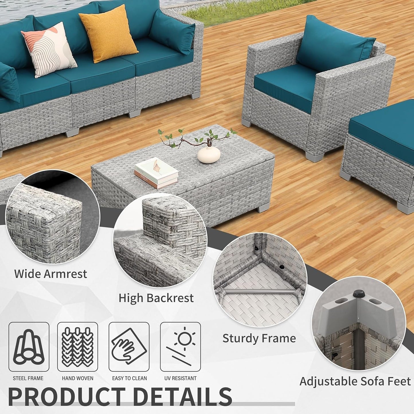 Patio Furniture Set 6 Piece Outdoor Grey Wicker Peacock Blue Cushions showcasing wide armrests, high backrests, and sturdy frame.