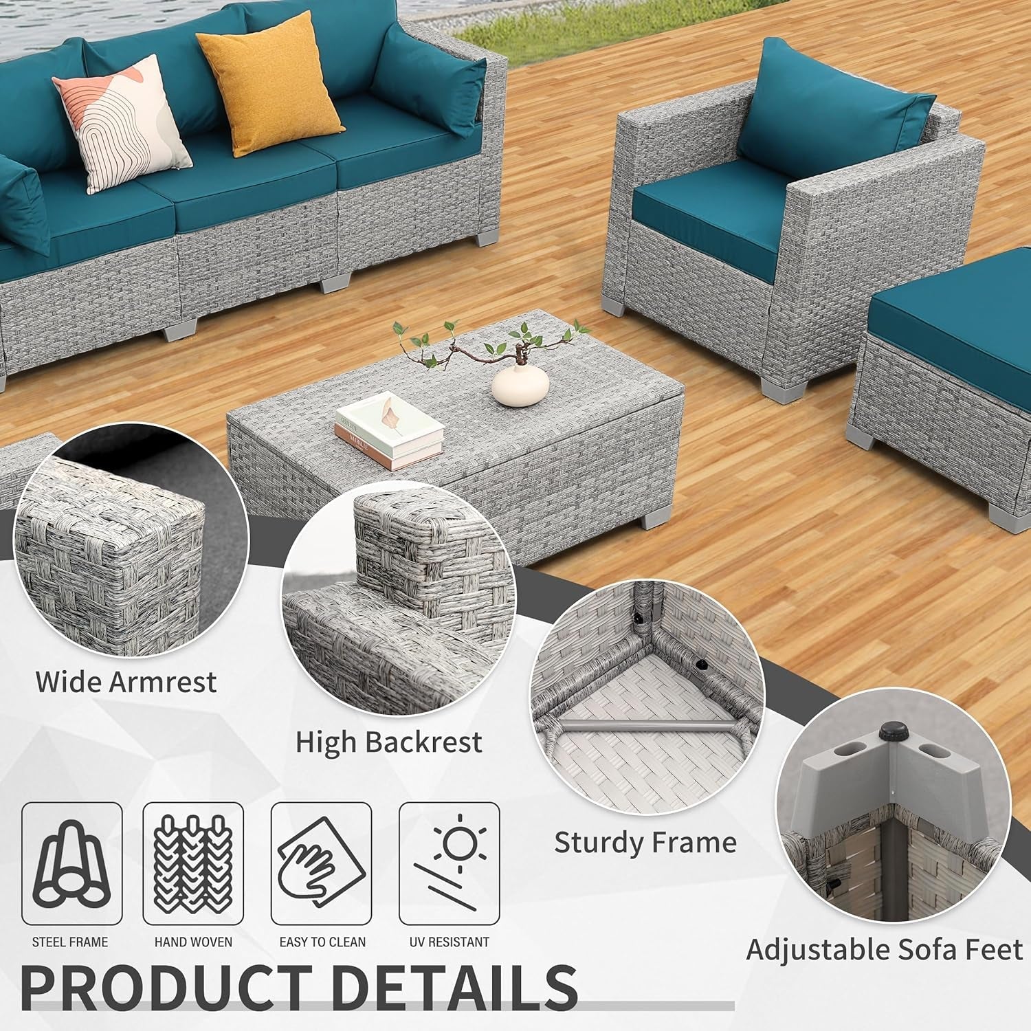 Patio Furniture Set 6 Piece Outdoor Grey Wicker Peacock Blue Cushions showcasing wide armrests, high backrests, and sturdy frame.