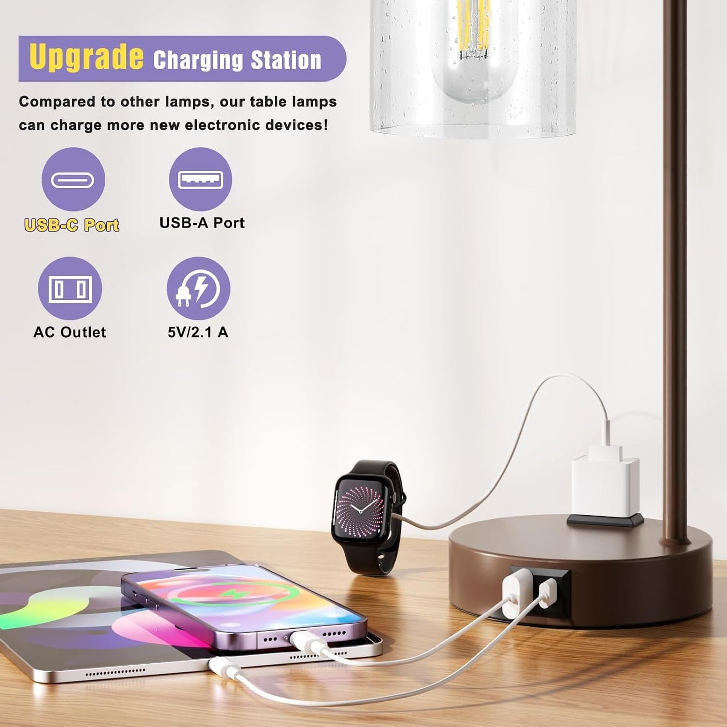 Brown Table Lamps 3-Way Dimmable With USB Ports Set Of 2