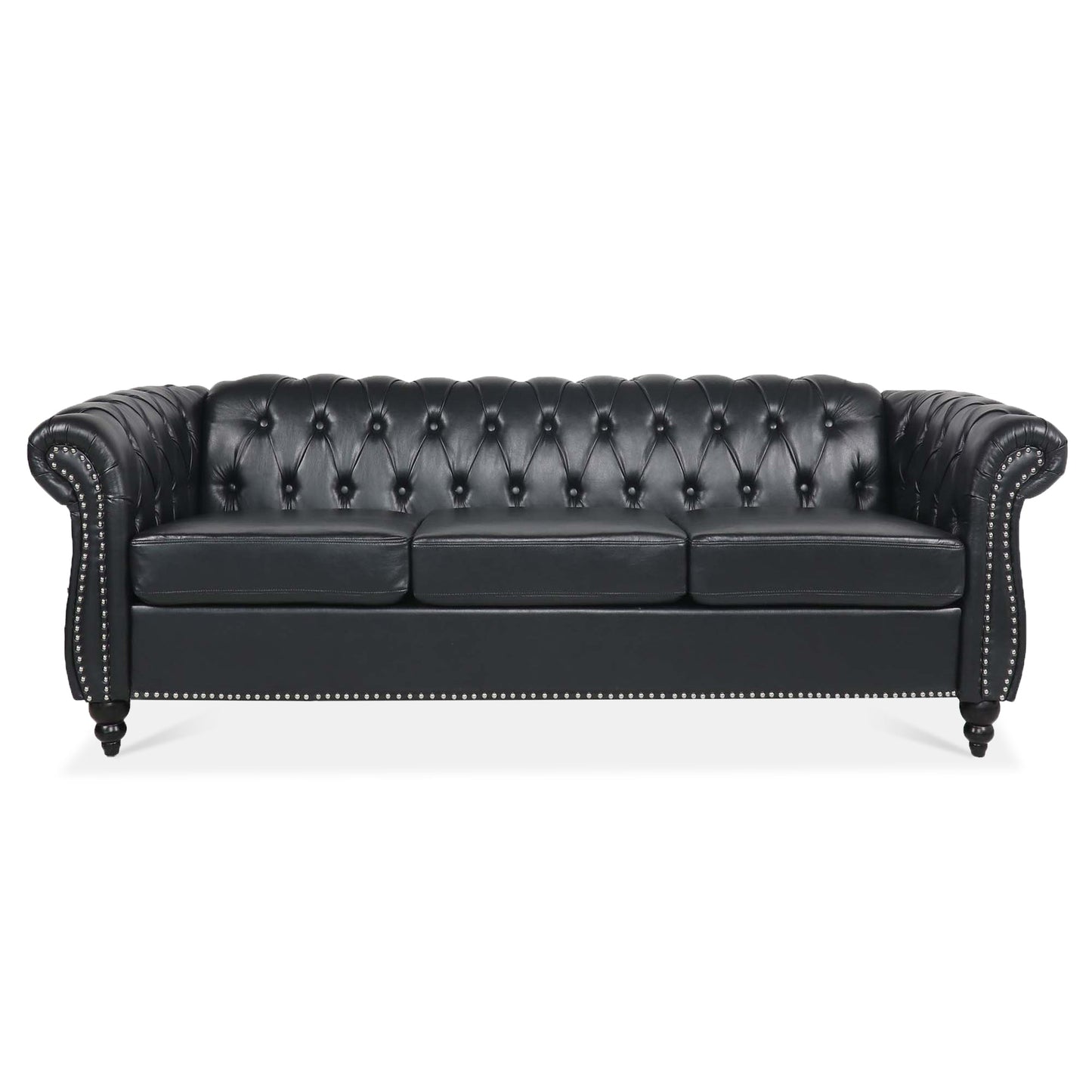 84.65" BLACK PU Rolled Arm Chesterfield Three Seater Sofa