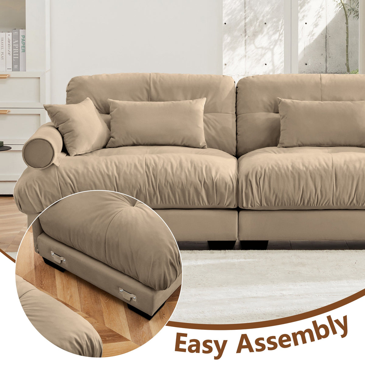 Extra Large 3 Seat Modern Velvet Sofa - Camel
