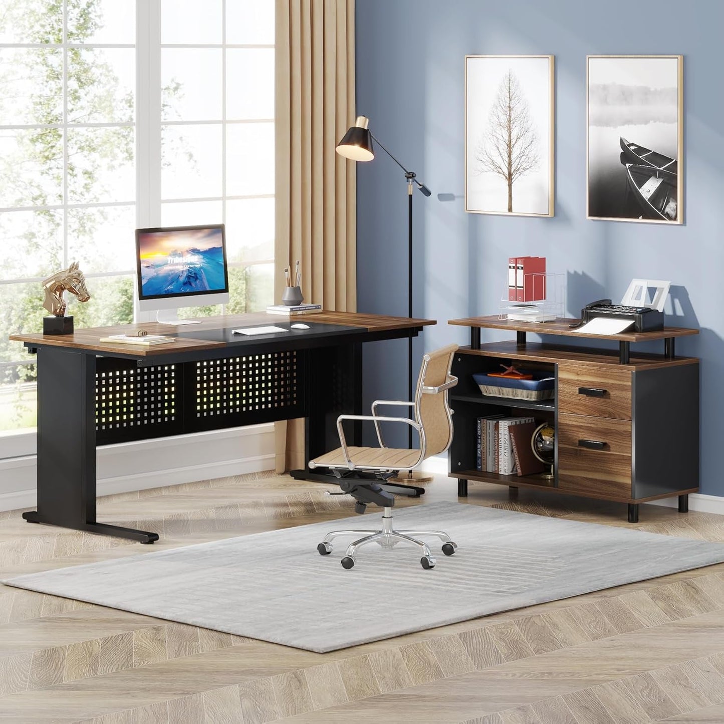 63 Inch L Shaped Desk With File Cabinet For Home Office