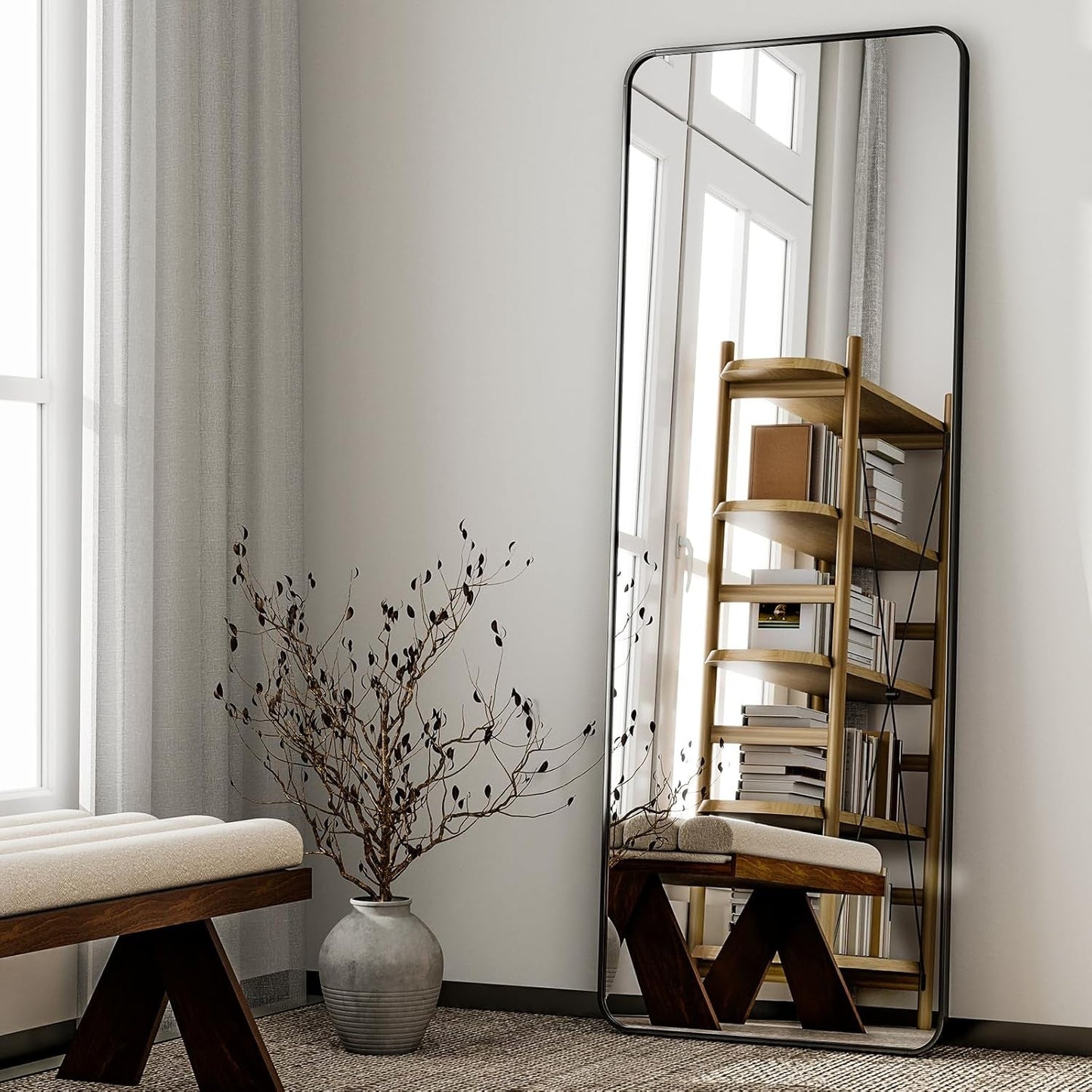 56 Inch Floor Standing Mirror With Black Aluminum Frame
