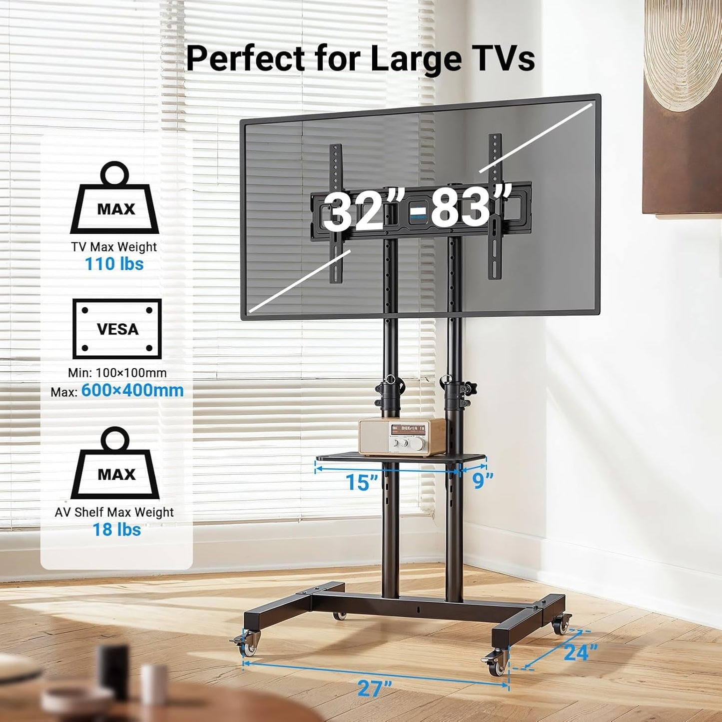 Rolling TV Stand Height Adjustable 32 To 83 Inch Screens
