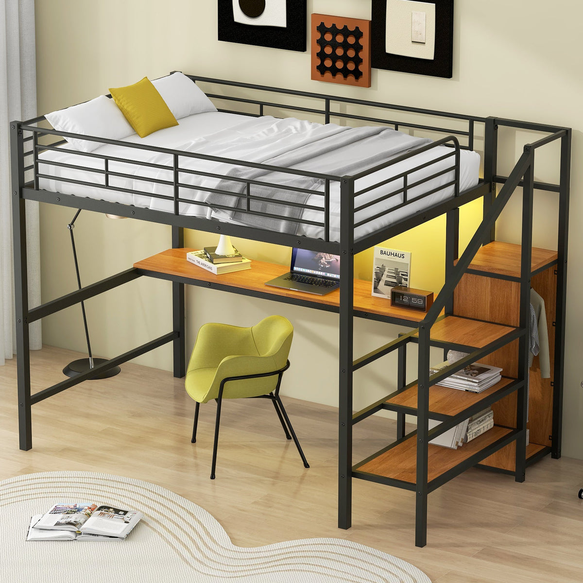 Full Size Metal Loft Bed with Desk, Storage Staircase, Small Wardrobe and LED Light