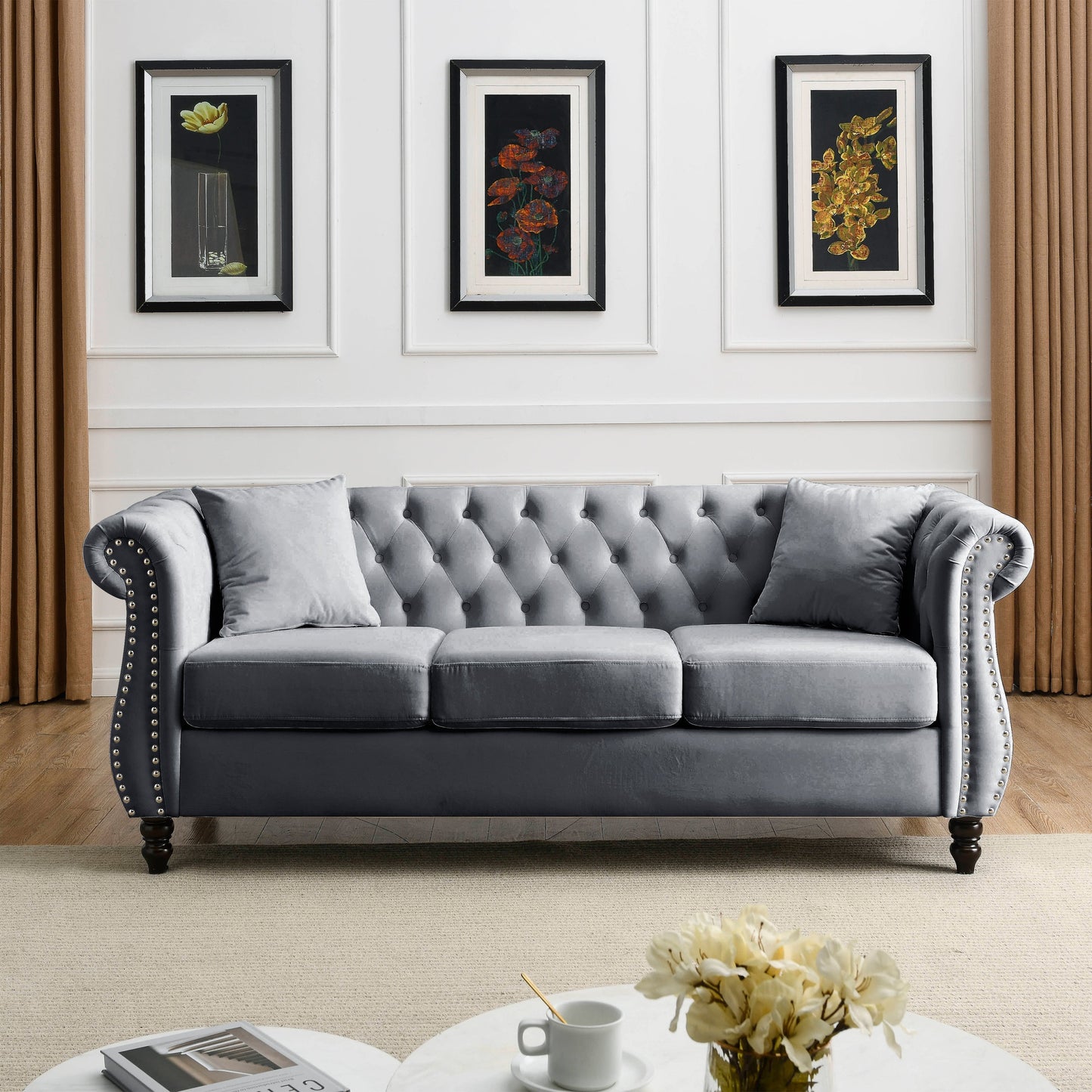 80" Grey Velvet Chesterfield Sofa