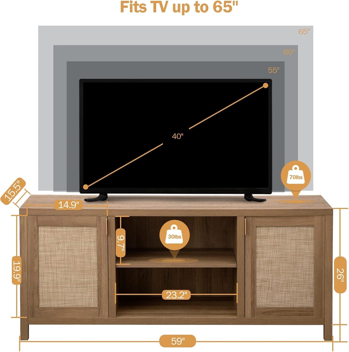 Boho Rattan TV Stand With Adjustable Shelves 59 Inch Oak