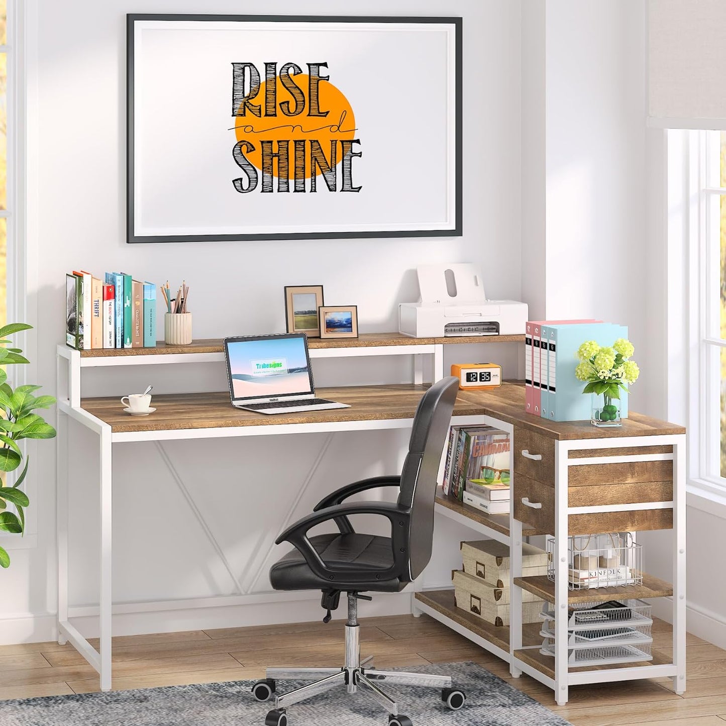 55-Inch L-Shaped Home Office Desk with Monitor Riser